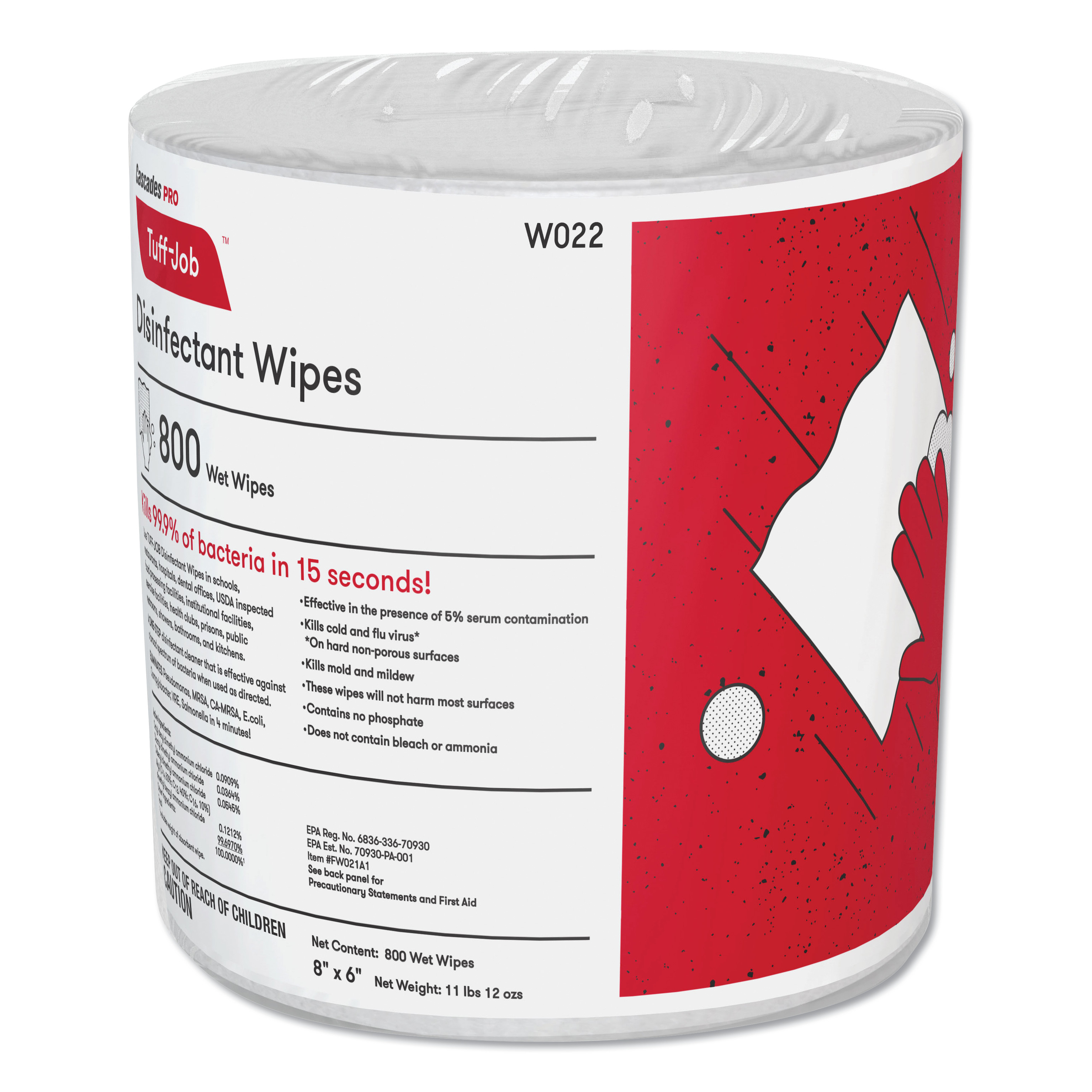  Cascades PRO W022 Tuff-Job Disinfectant Wet Wipes, 6 x 8, White, 800/Roll, 2 Rolls/Carton (CSDW022) 