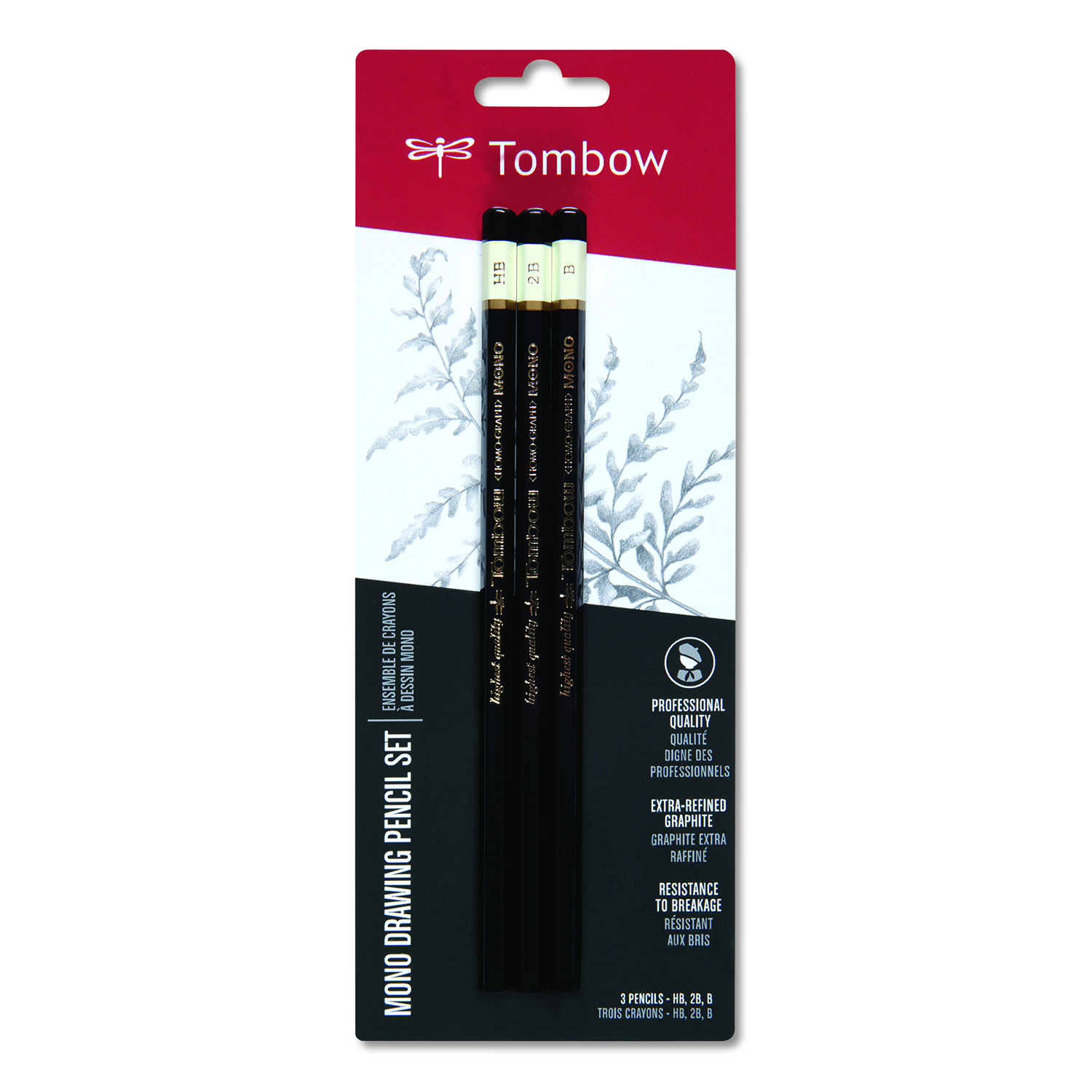  Tombow Mono 61001 Drawing Pencil Set, 2 mm, Assorted Lead Hardness Ratings, Black Lead, Black Barrel, 3/Pack (TOM61001) 