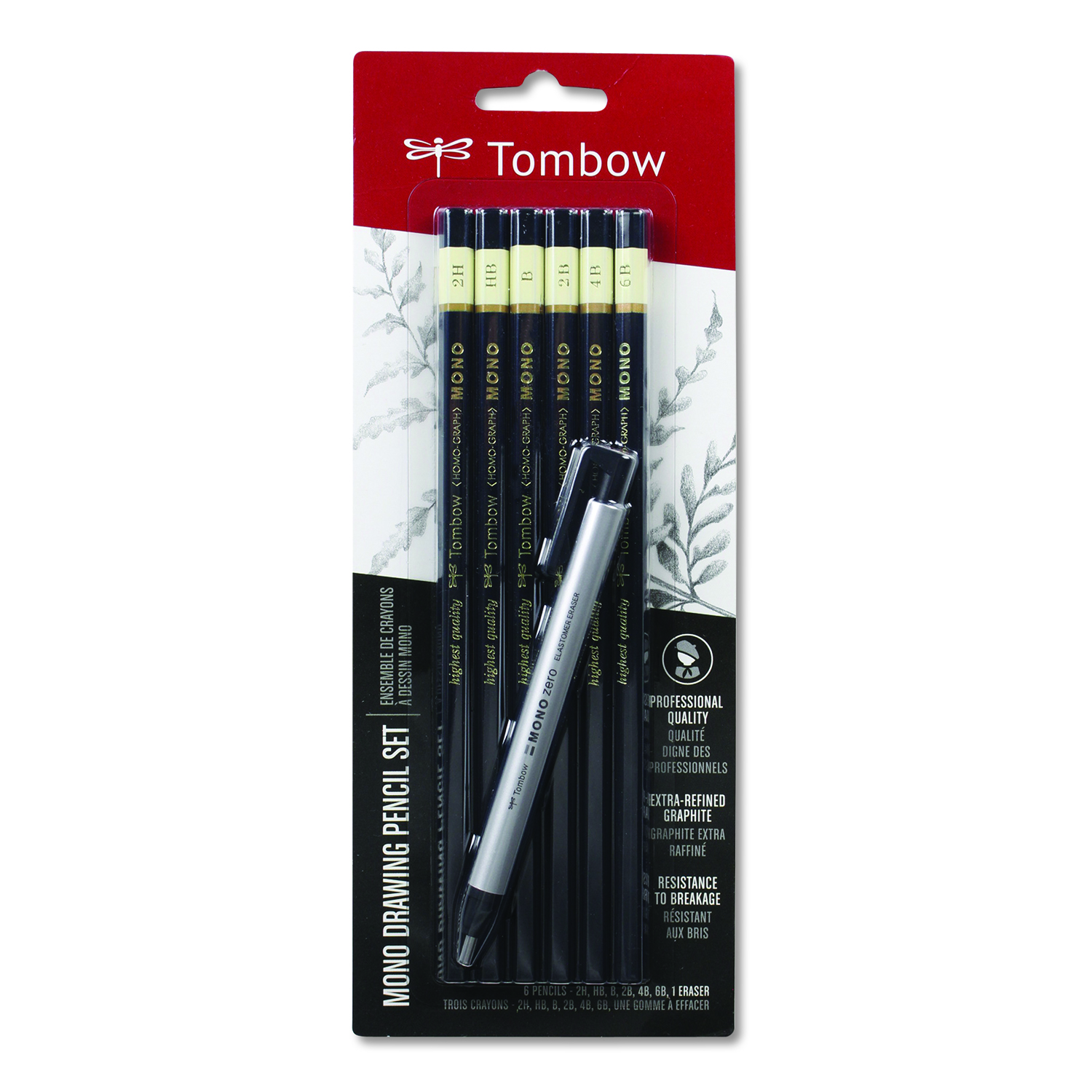  Tombow Mono 61002 Drawing Pencil Set with Eraser, 2 mm, Assorted Lead Hardness Ratings, Black Lead, Black Barrel, 6/Pack (TOM61002) 