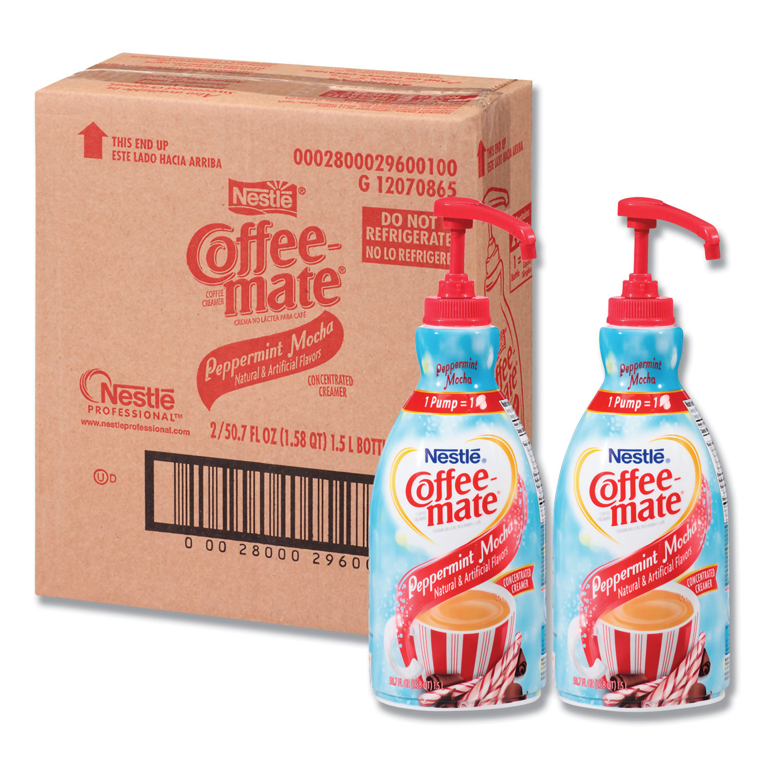  Coffee-mate 29600 Liquid Creamer Pump Bottle, Peppermint Mocha, 1.5 L, 2/Carton (NES29600CT) 