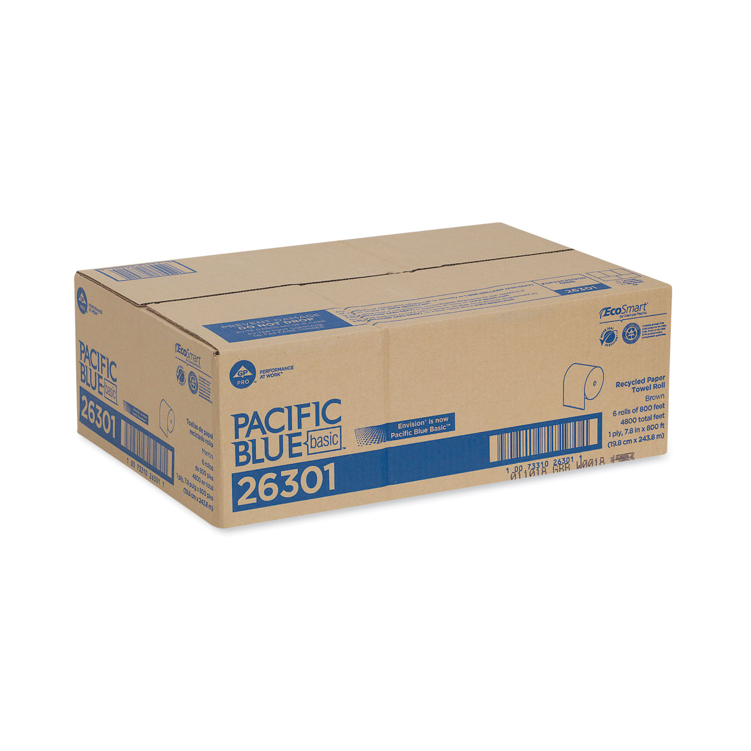 Pacific Blue Basic Nonperforated Paper Towel Rolls, 1-Ply, 7.88 x 800 ft,  White, 6 Rolls/Carton