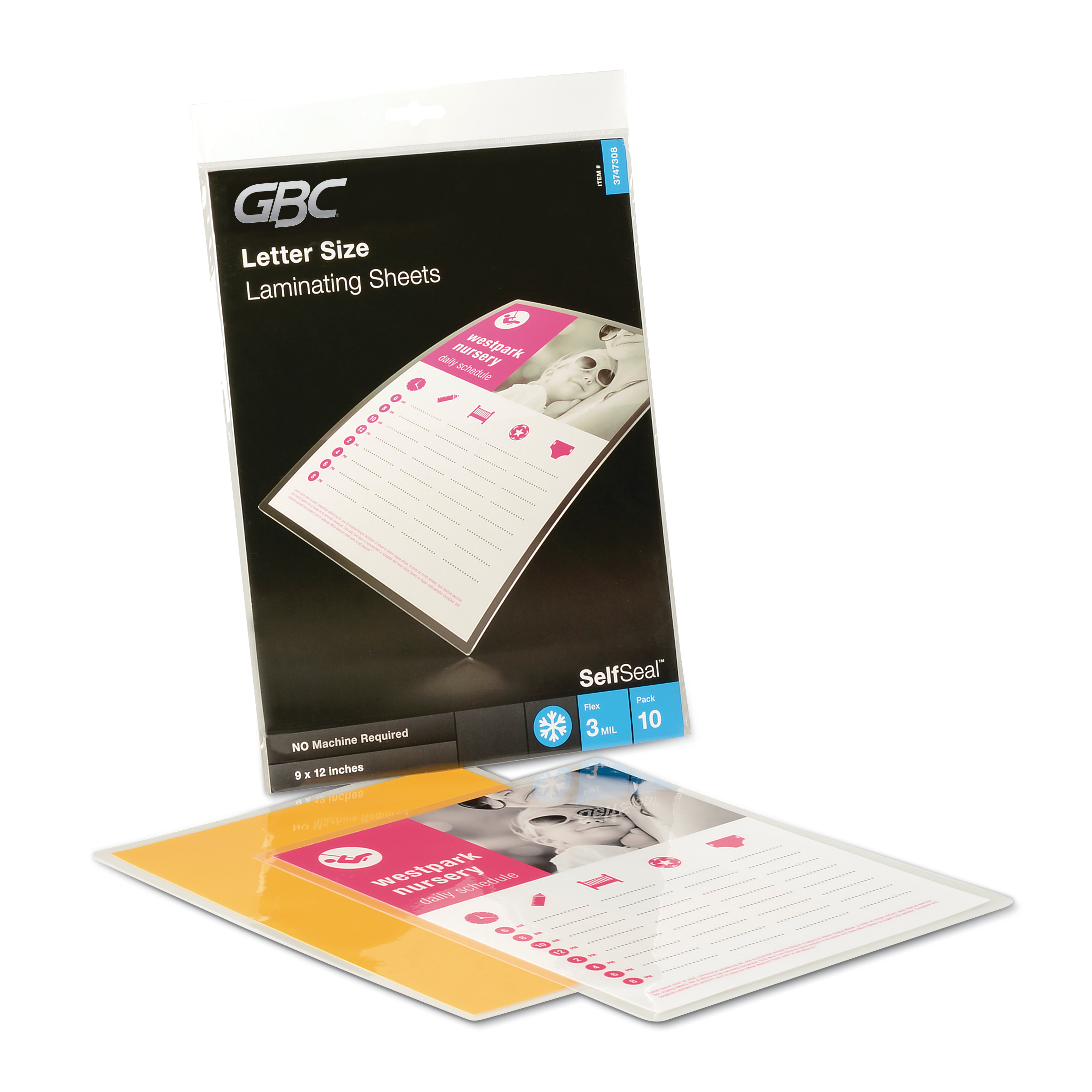  GBC 3747308CF SelfSeal Self-Adhesive Laminating Pouches and Single-Sided Sheets, 3 mil, 9 x 12, Gloss Clear, 10/Pack (GBC3747308) 
