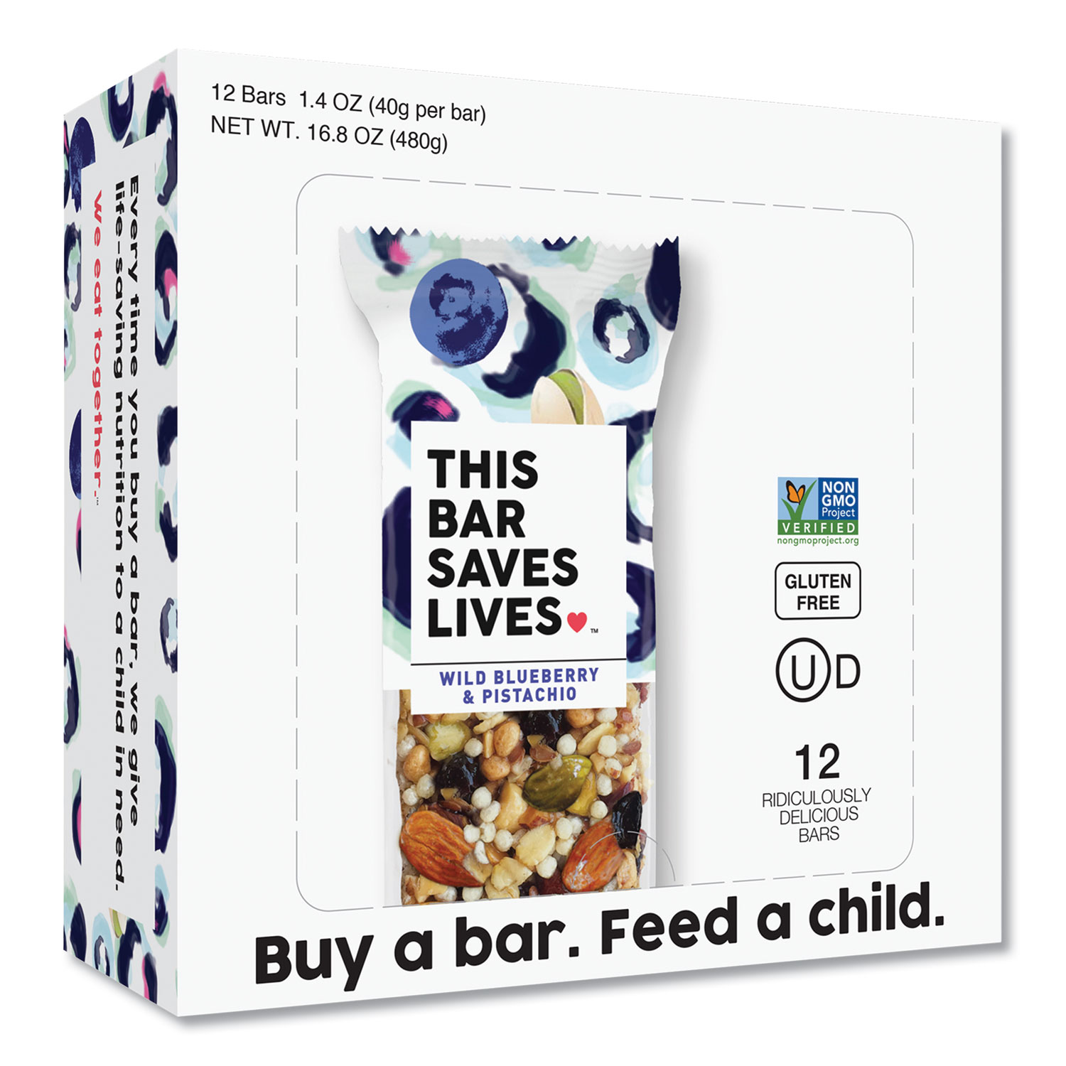 THIS BAR SAVES LIVES™ Snackbars, Wild Blueberry and Pistachio, 1.4 oz, 12/Box