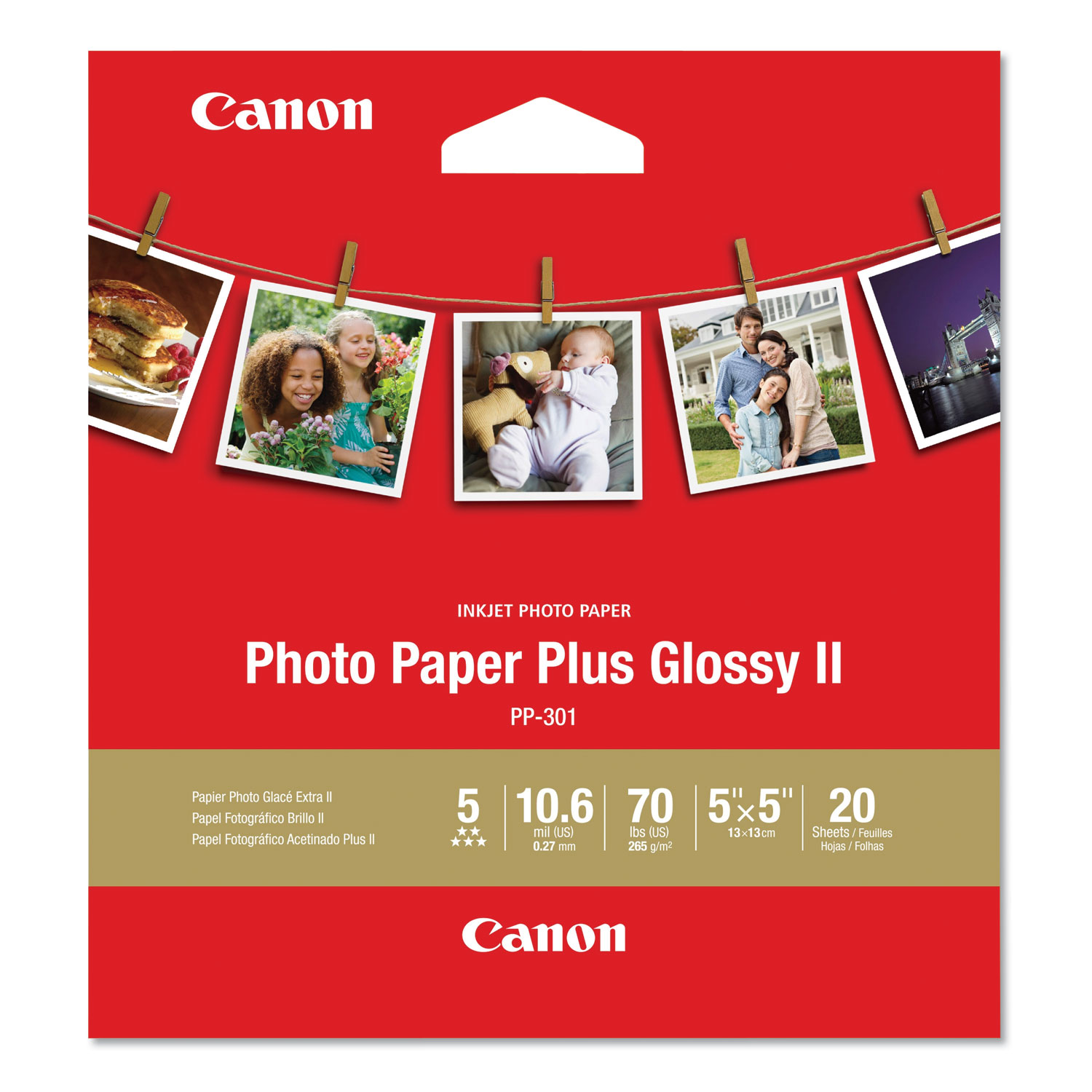 Canon 1432C012 Photo Paper Plus Glossy II, 10.6 mil, 5 x 5, White, 20 Sheets/Pack (CNM1432C012) 