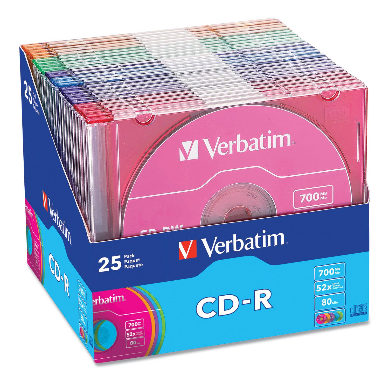  Verbatim 94611 CD-R Discs, 700MB/80min, 52x, Slim Jewel Cases, Assorted Colors, 25/Pack (VER94611) 