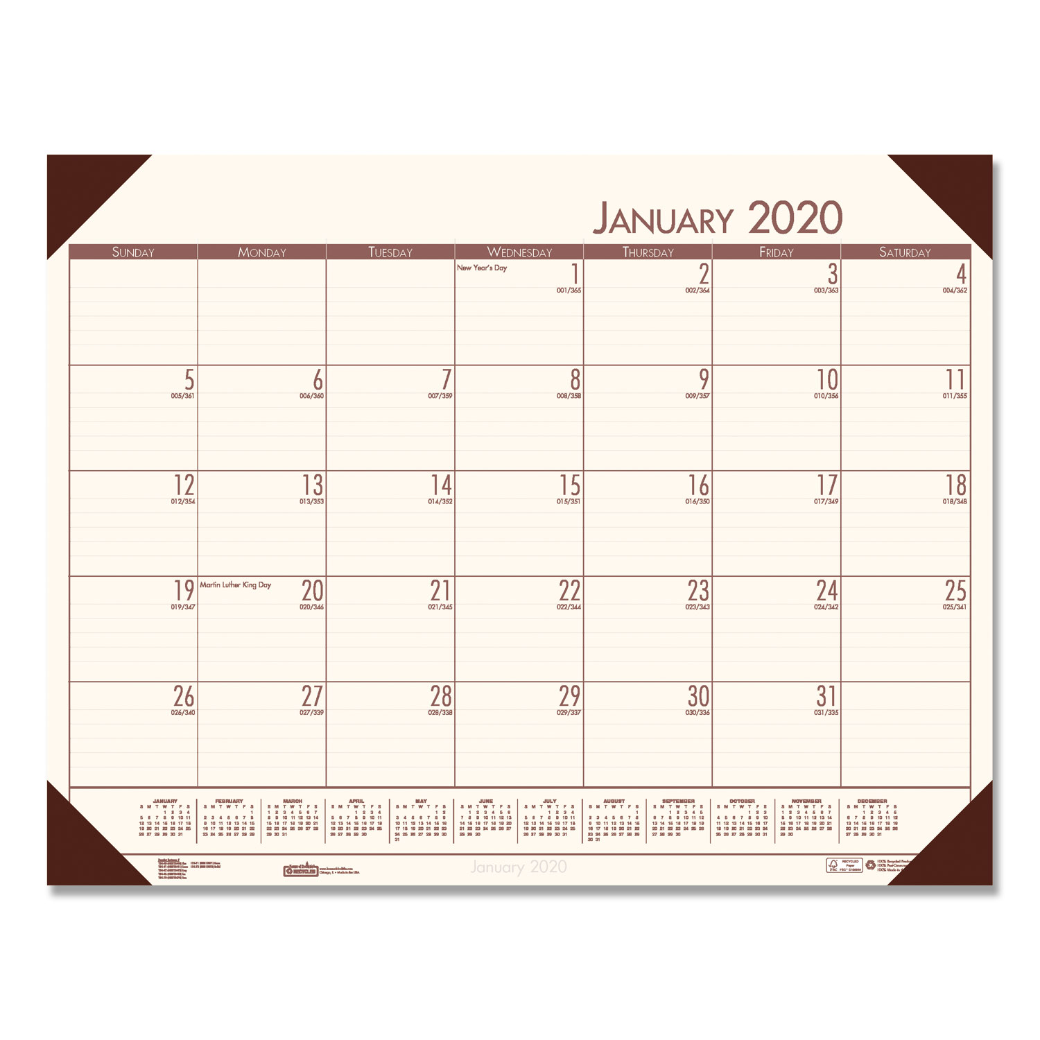 EcoTones Cream/Brown Monthly Desk Pad Calendar, 18 1/2 x 13, 2020