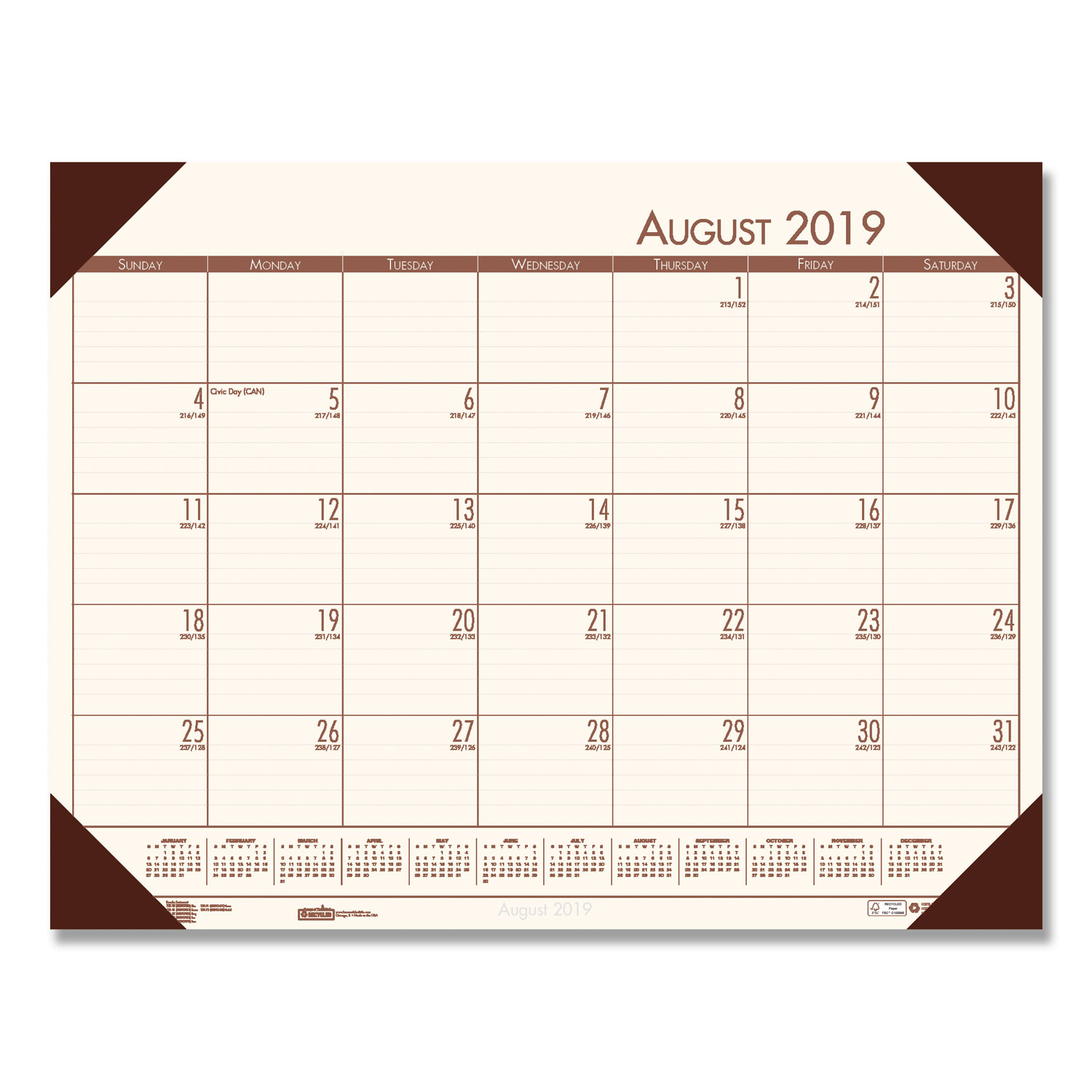 Recycled EcoTones Academic Desk Pad Calendar, 18.5x13, Brown Corners, 2019-2020