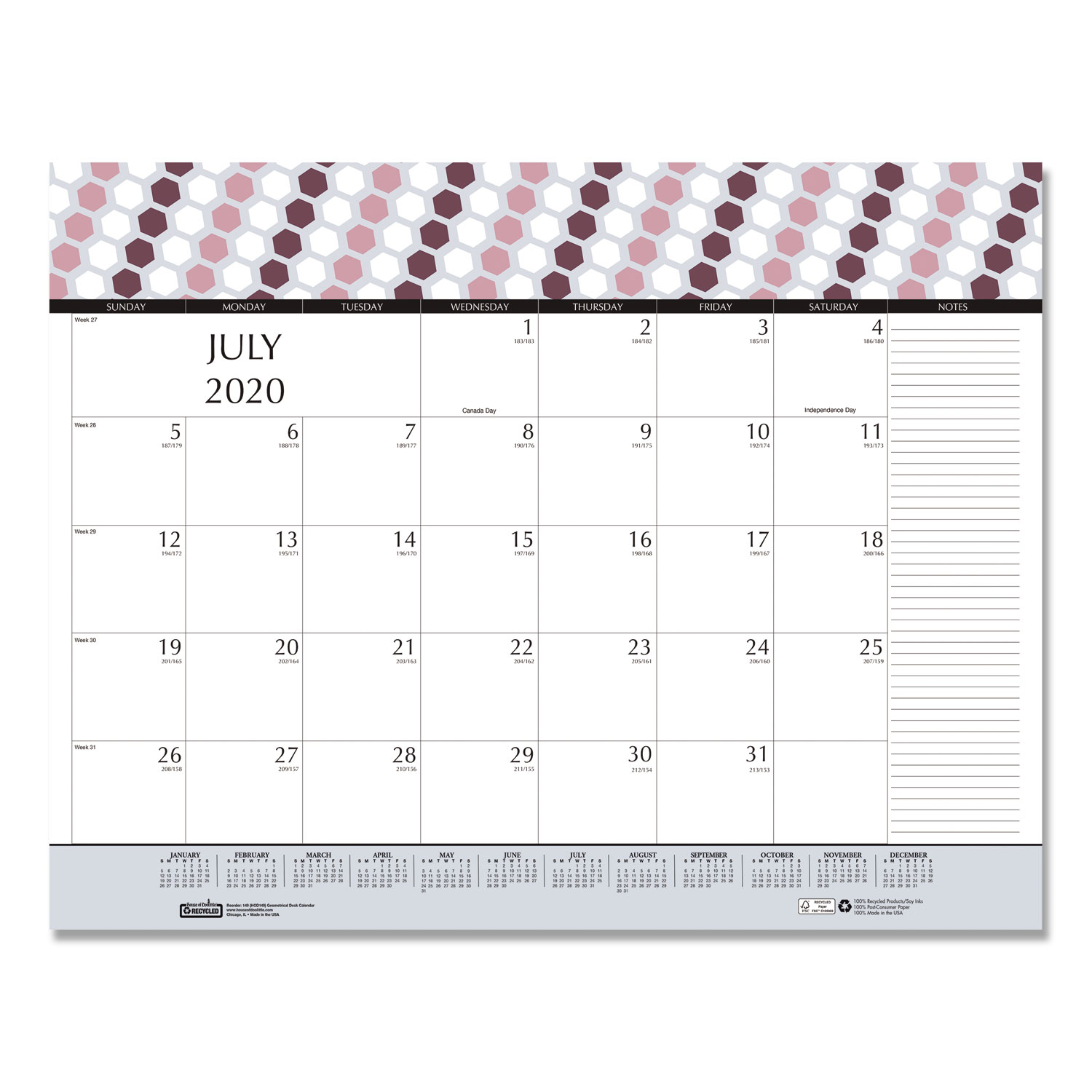 100% Recycled Geometric Desk Pad Calendar, 22 x 17, 2020