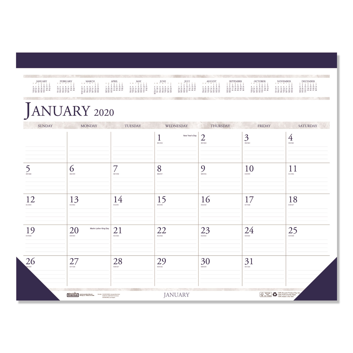 Recycled TwoColor Monthly Desk Pad Calendar, 22 x 17, 2020 Sierra