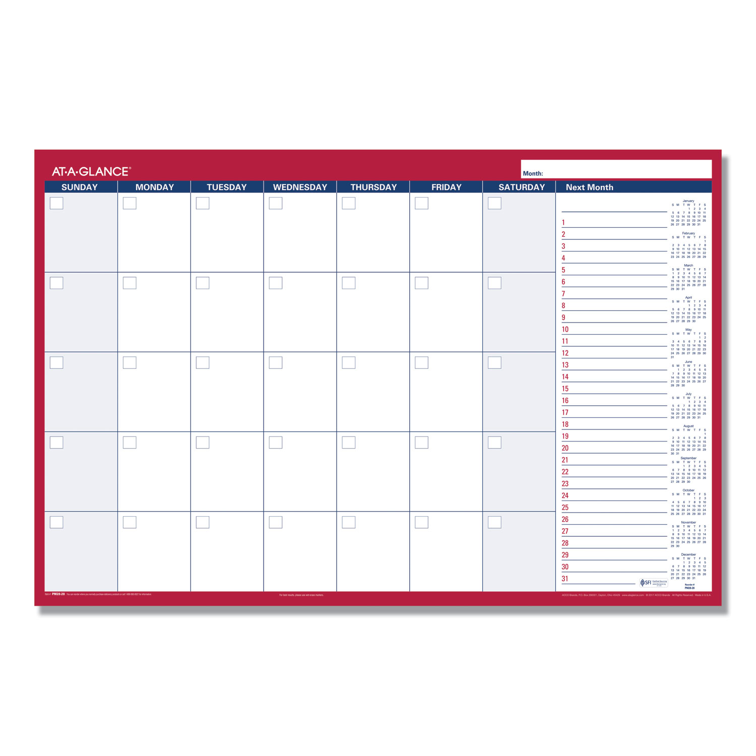 Horizontal Erasable Wall Planner, 36 x 24, White/Red, 2020