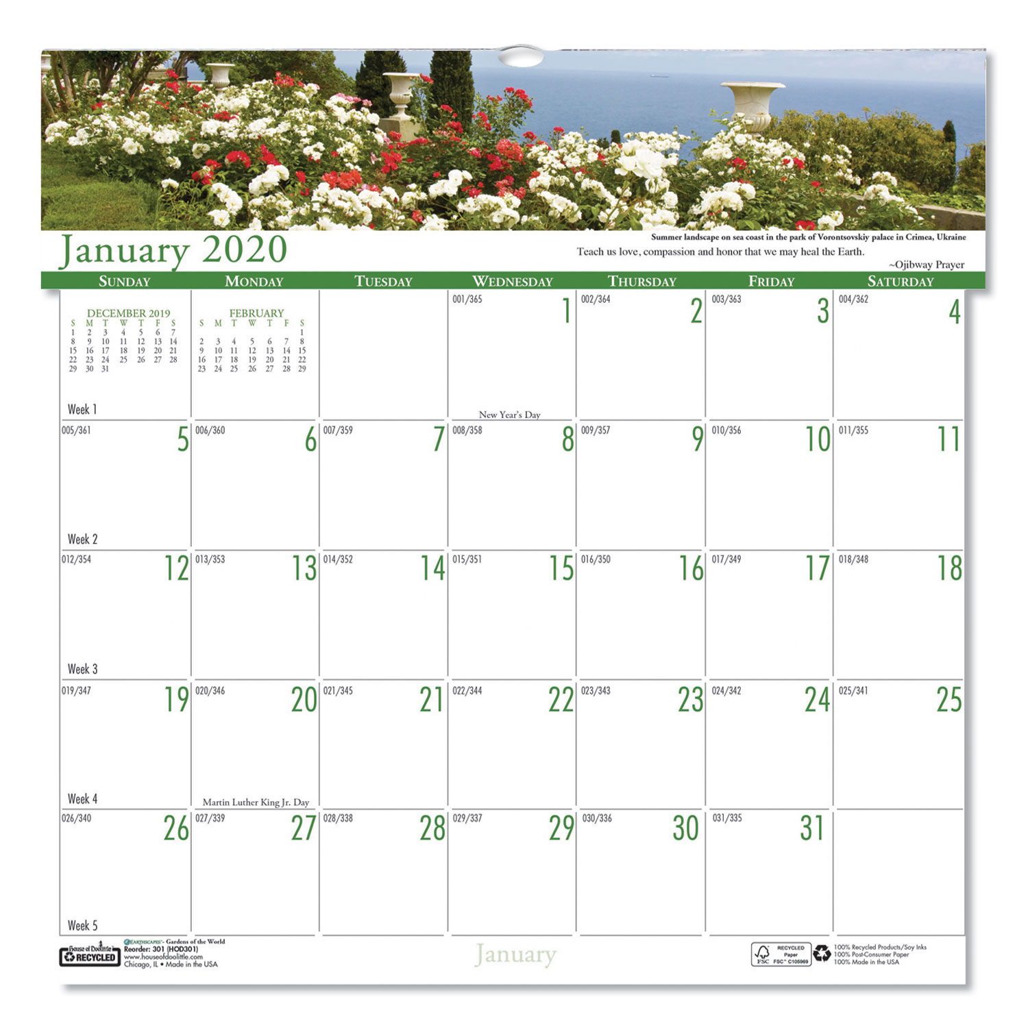  House of Doolittle 301-21 Recycled Gardens of the World Monthly Wall Calendar, 12 x 12, 2020 (HOD301) 