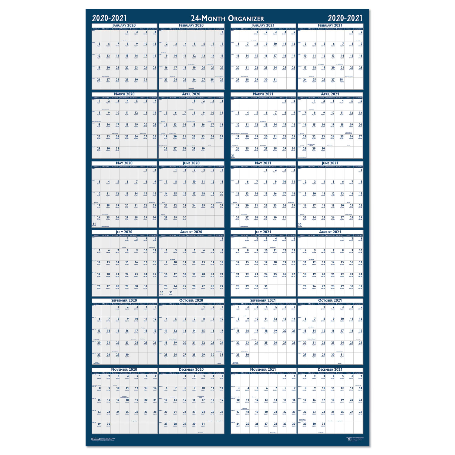 Reversible/Erasable 2 Year Wall Calendar, 24 x 37, Blue, 20202021 Zerbee