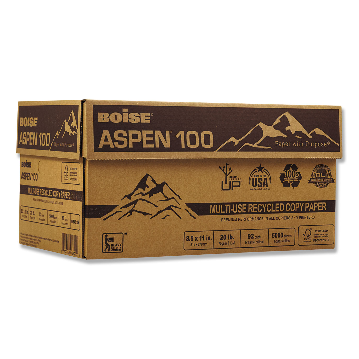 ASPEN Multi-Use Recycled Paper, 92 Bright, 20lb, 8.5 x 11, White, 500 Sheets/Ream, 10 Reams/Carton