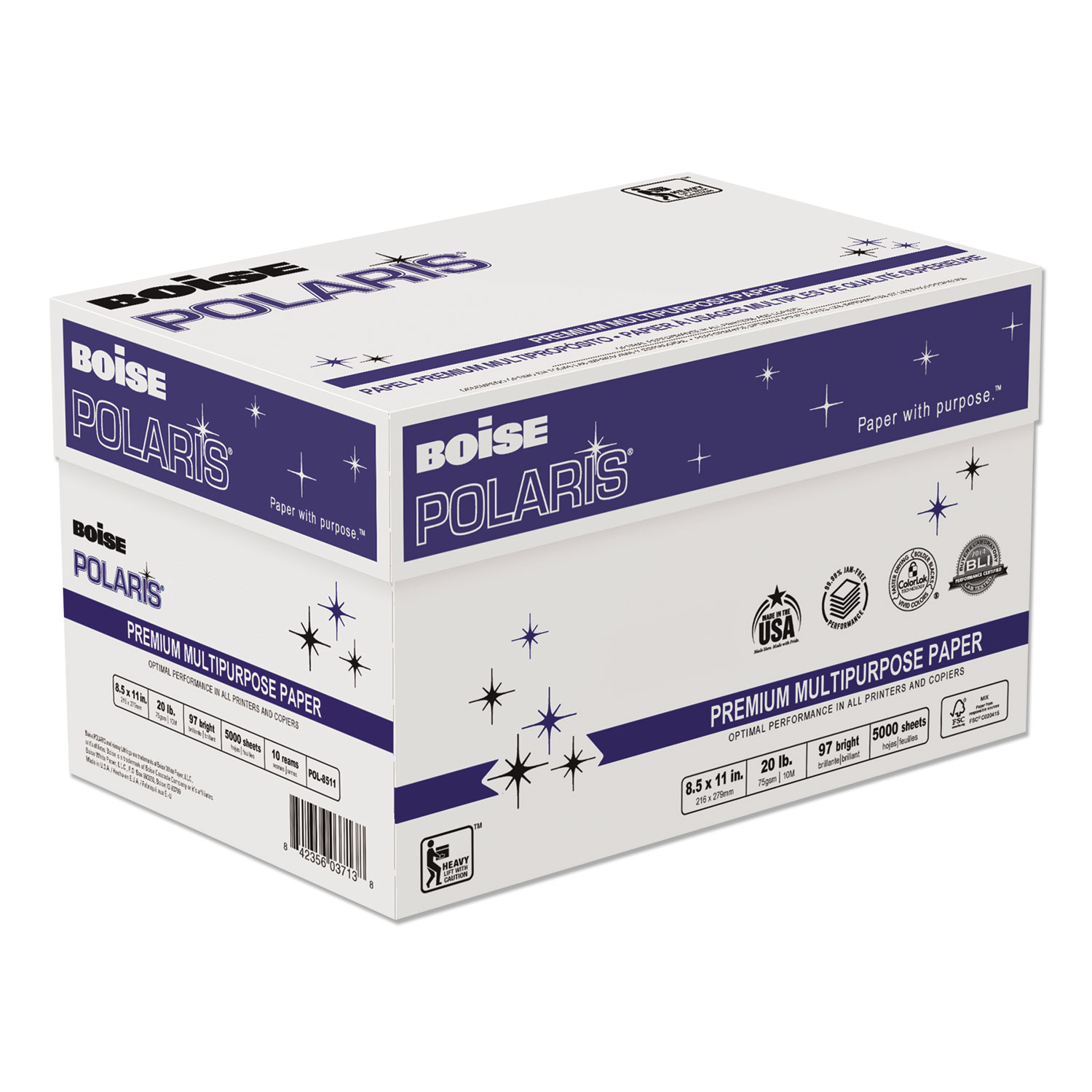 POLARIS Premium Multipurpose Paper, 97 Bright, 20lb, 8.5 x 11, White, 500 Sheets/Ream, 10 Reams/Carton