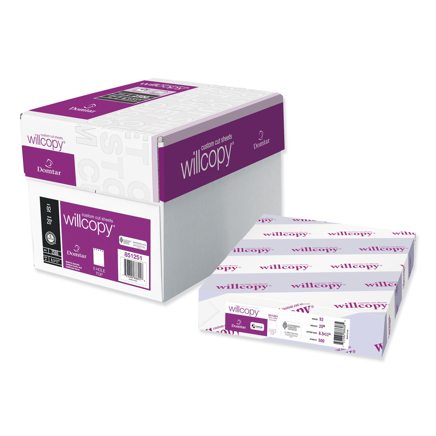  Domtar 851055 Custom Cut-Sheet Copy Paper, 92 Bright, 20lb, 8.5 x 11, White, 500 Sheets/Ream, 5 Reams/Carton (DMR851055) 