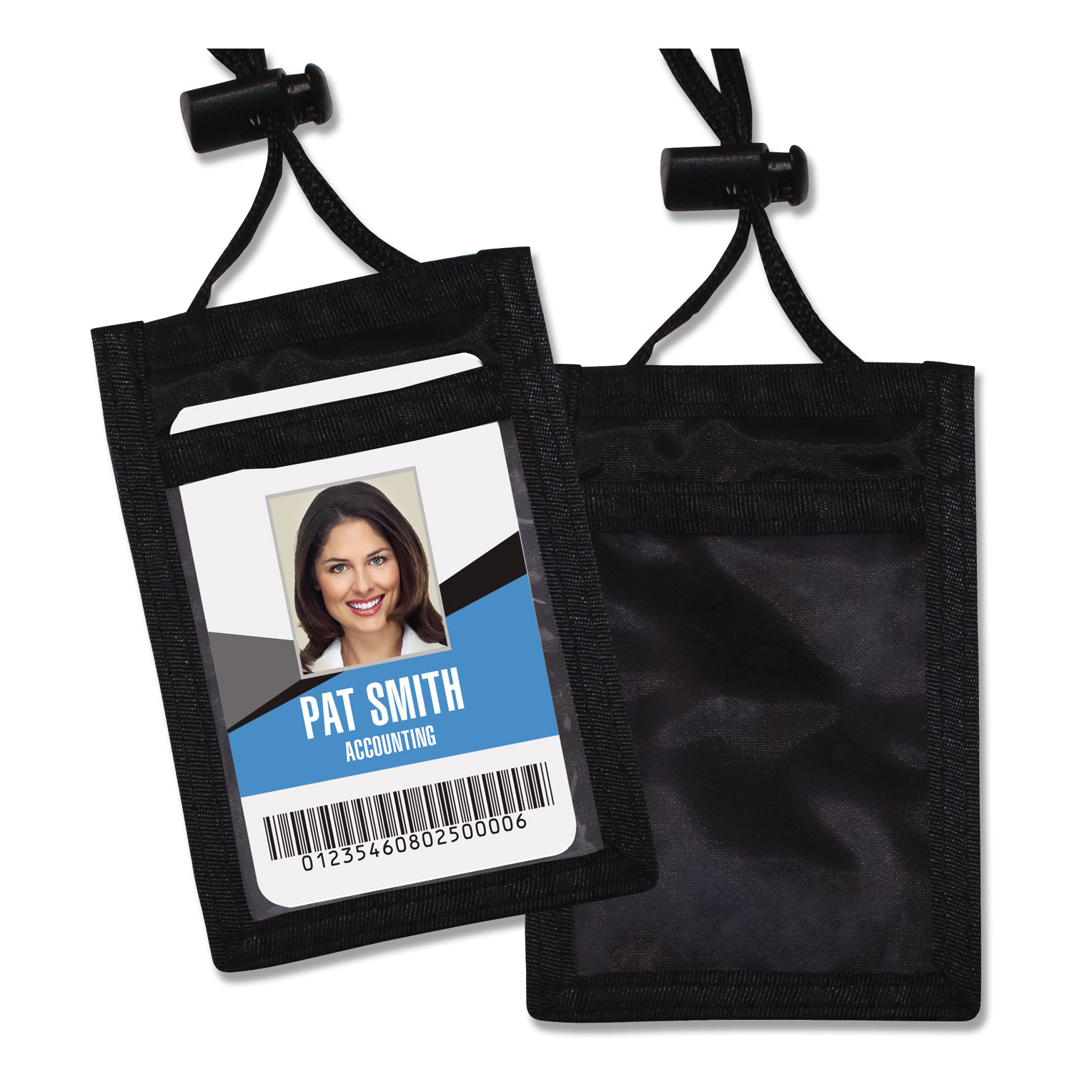 ID Badge Holders with Convention Neck Pouch, Vertical, Black/Clear 3.25 x  5 Holder, 2.38 x 3.5 Insert, 48 Cord, 12/Pack - Office Sensei