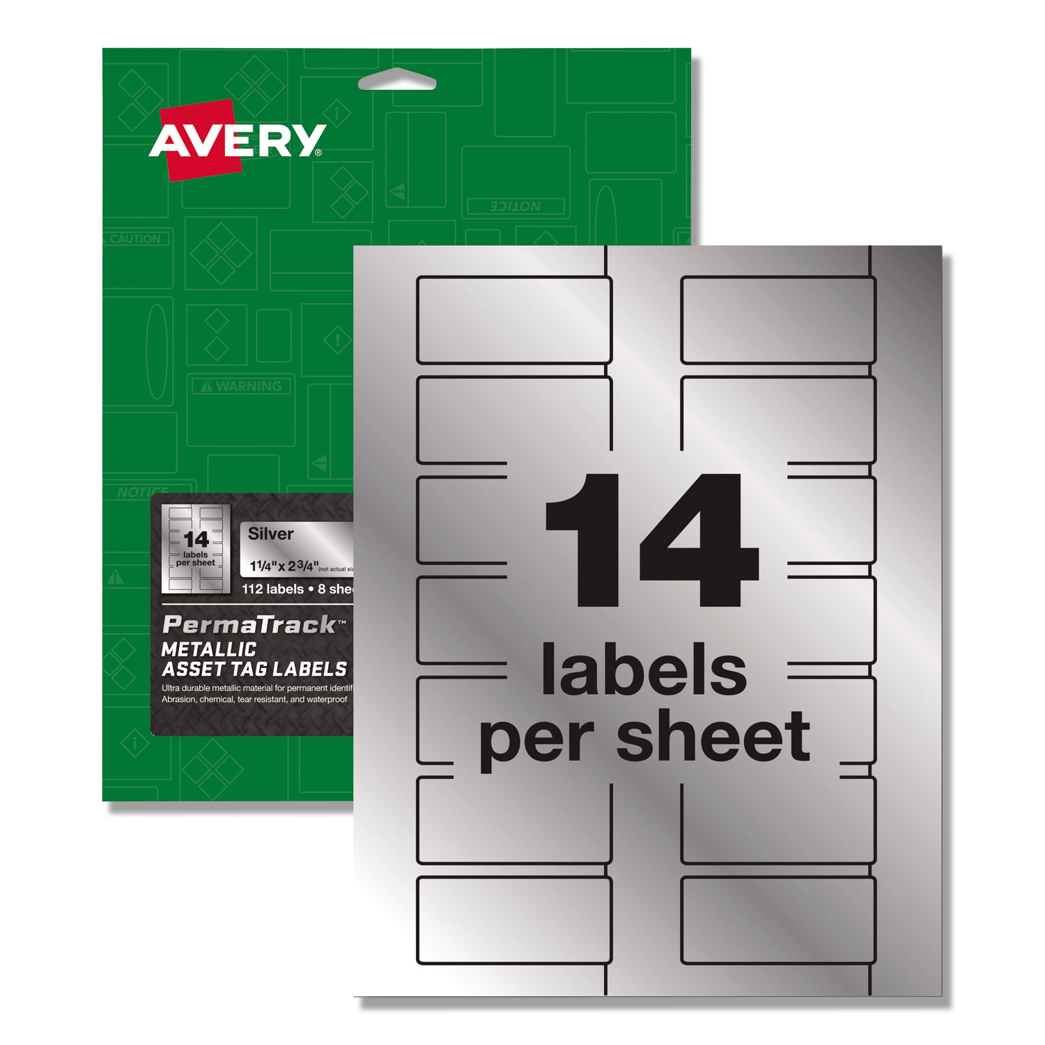  Avery 61528 PermaTrack Metallic Asset Tag Labels, Laser Printers, 1.25 x 2.75, Silver, 14/Sheet, 8 Sheets/Pack (AVE61528) 