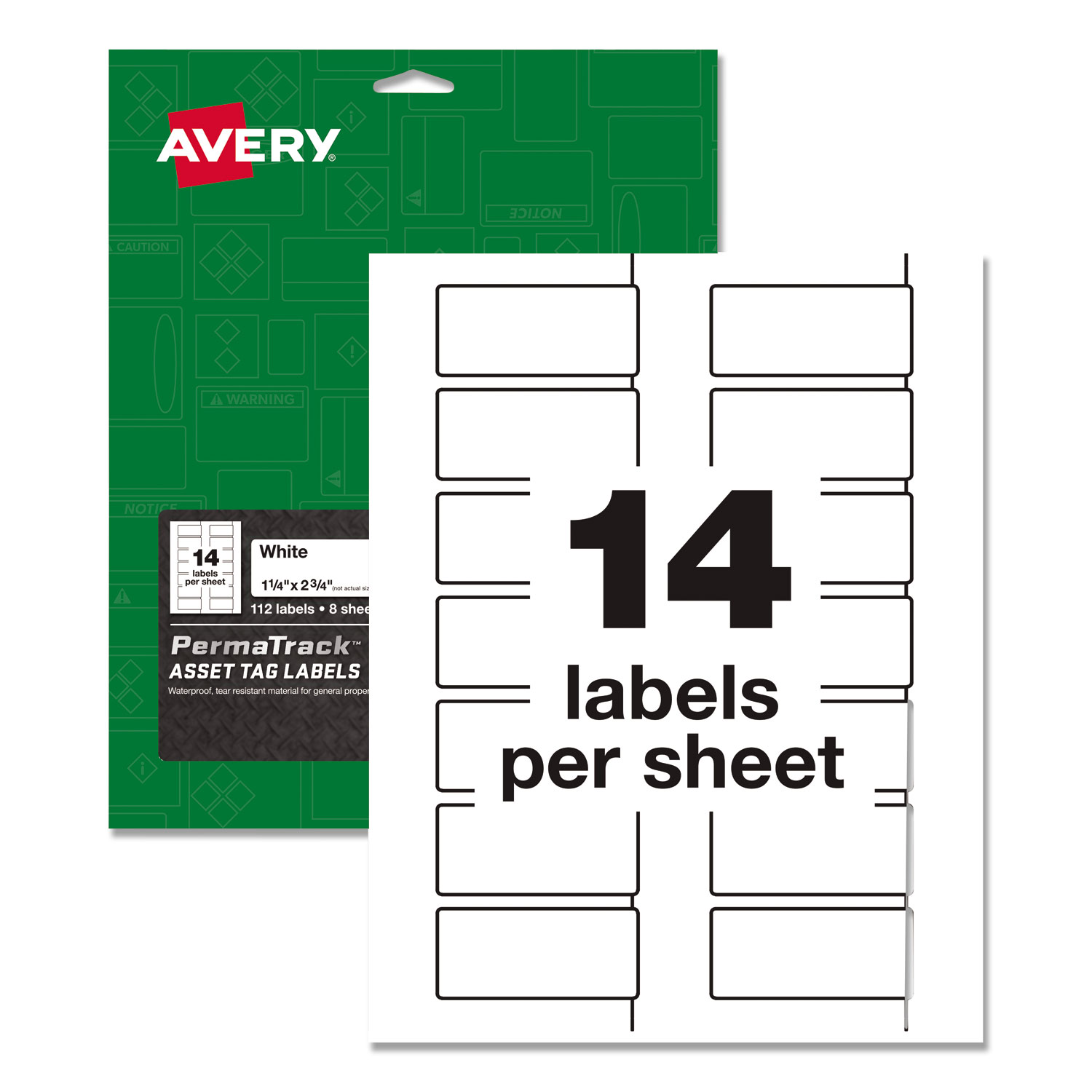  Avery 61529 PermaTrack Durable White Asset Tag Labels, Laser Printers, 1.25 x 2.75, White, 14/Sheet, 8 Sheets/Pack (AVE61529) 