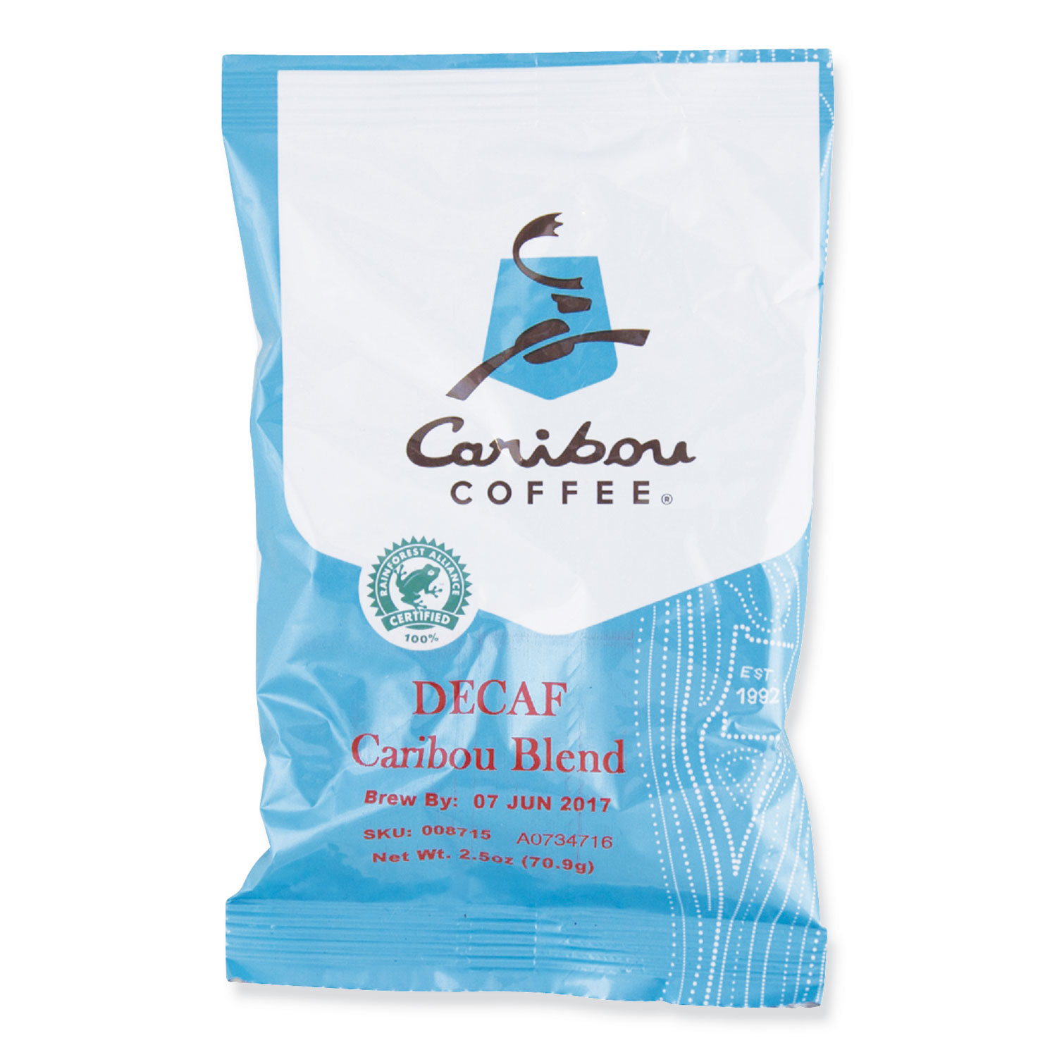  Caribou Coffee 008715 Decaf Caribou Blend Coffee Fractional Packs, 2.5 oz, 18/Carton (CCF008715) 