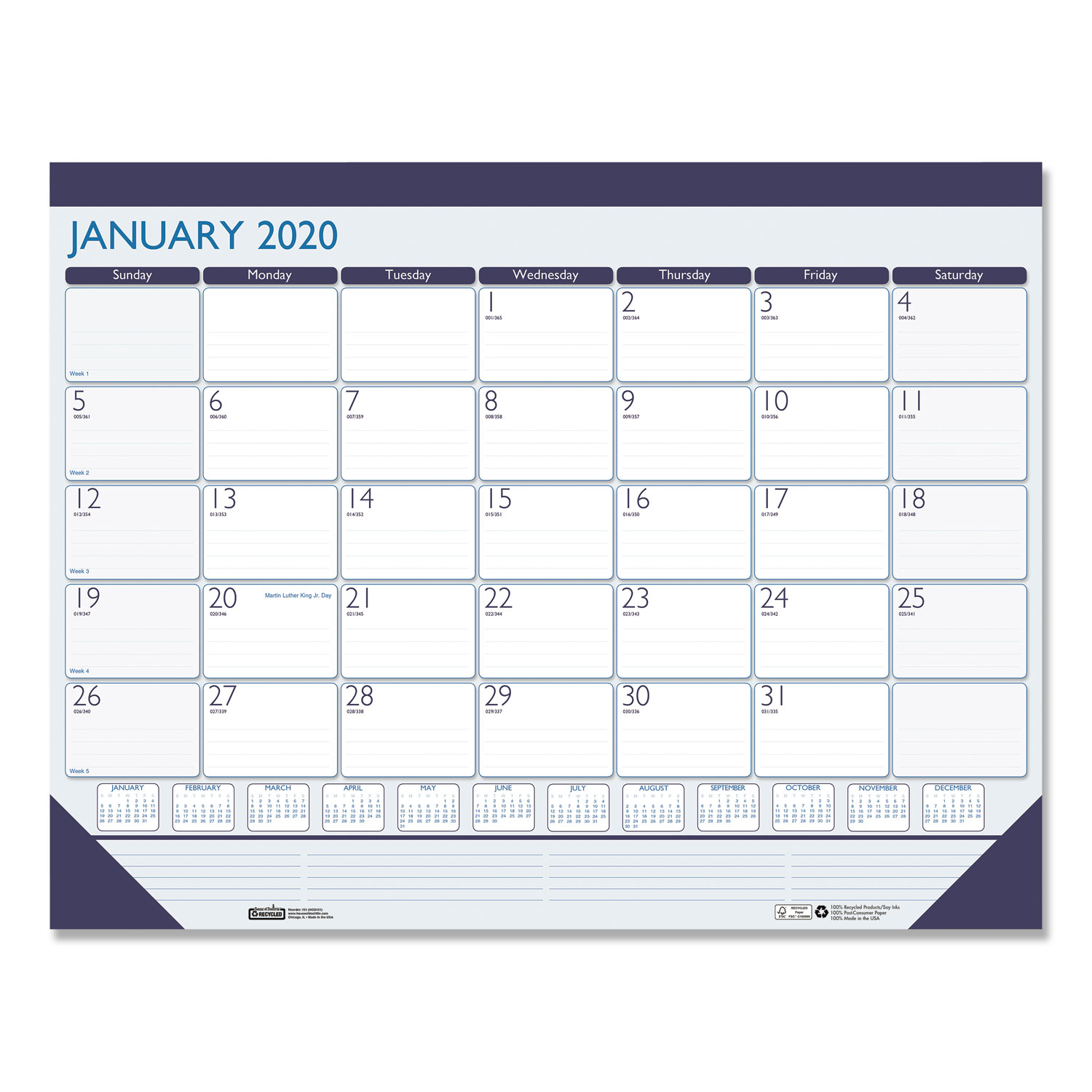 100% Recycled Contempo Desk Pad Calendar, 22 x 17, Blue, 2020