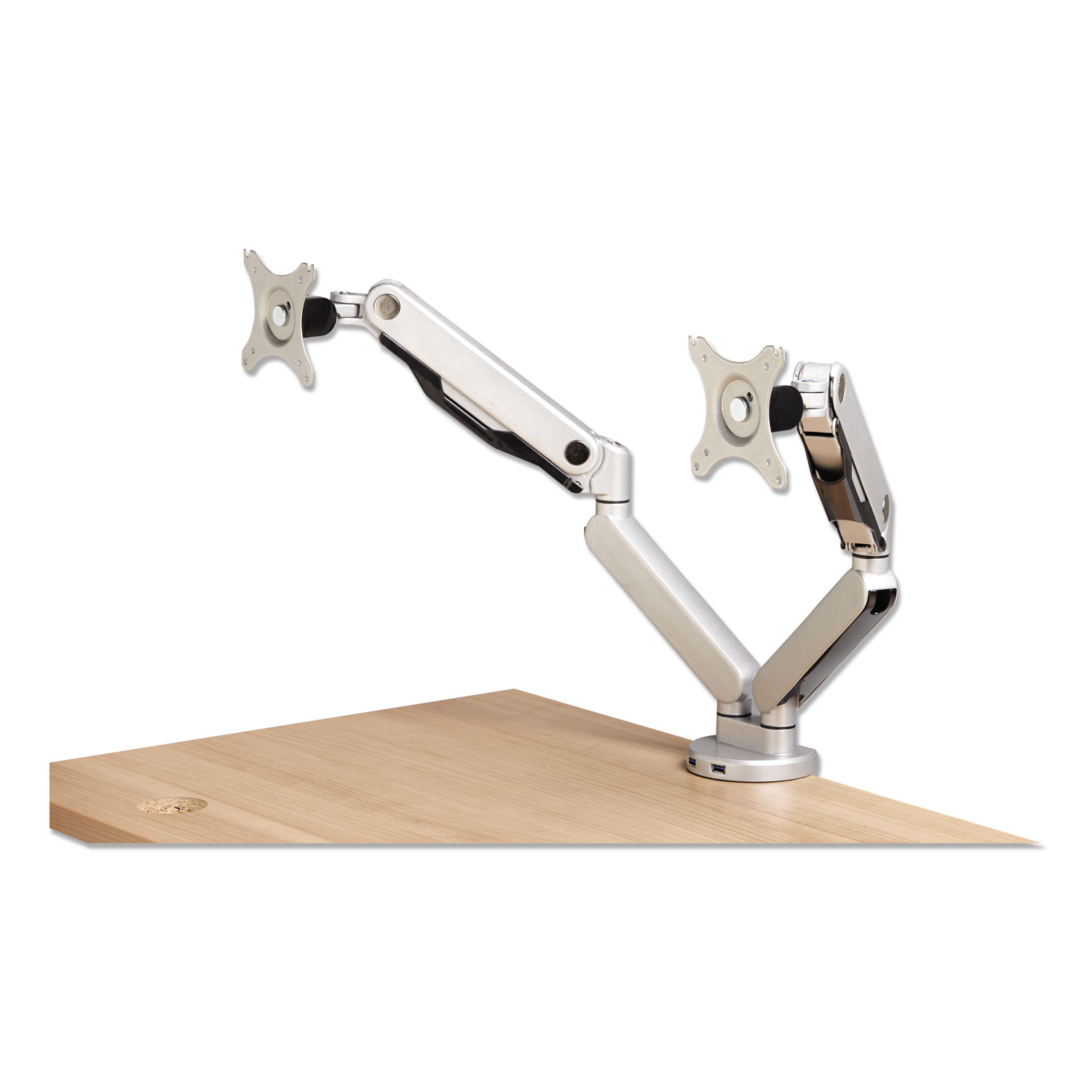 Dual Monitor Arm with USB, for 21″ Monitors, 360 deg Rotation/Pan,+15 deg/-85 deg Tilt, Silver, Up to 19.8 lb