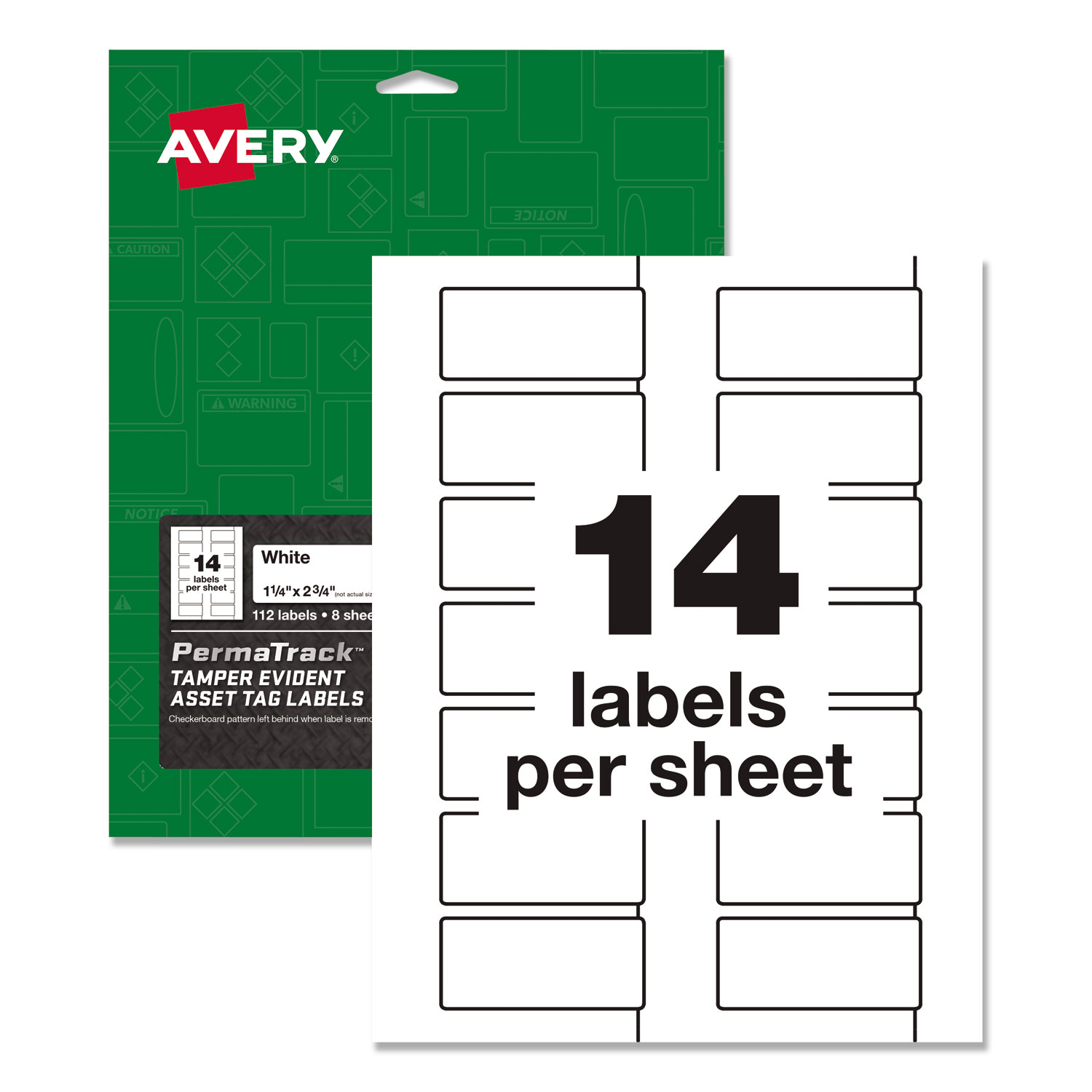  Avery 60536 PermaTrack Tamper-Evident Asset Tag Labels, Laser Printers, 1.25 x 2.75, White, 14/Sheet, 8 Sheets/Pack (AVE60536) 