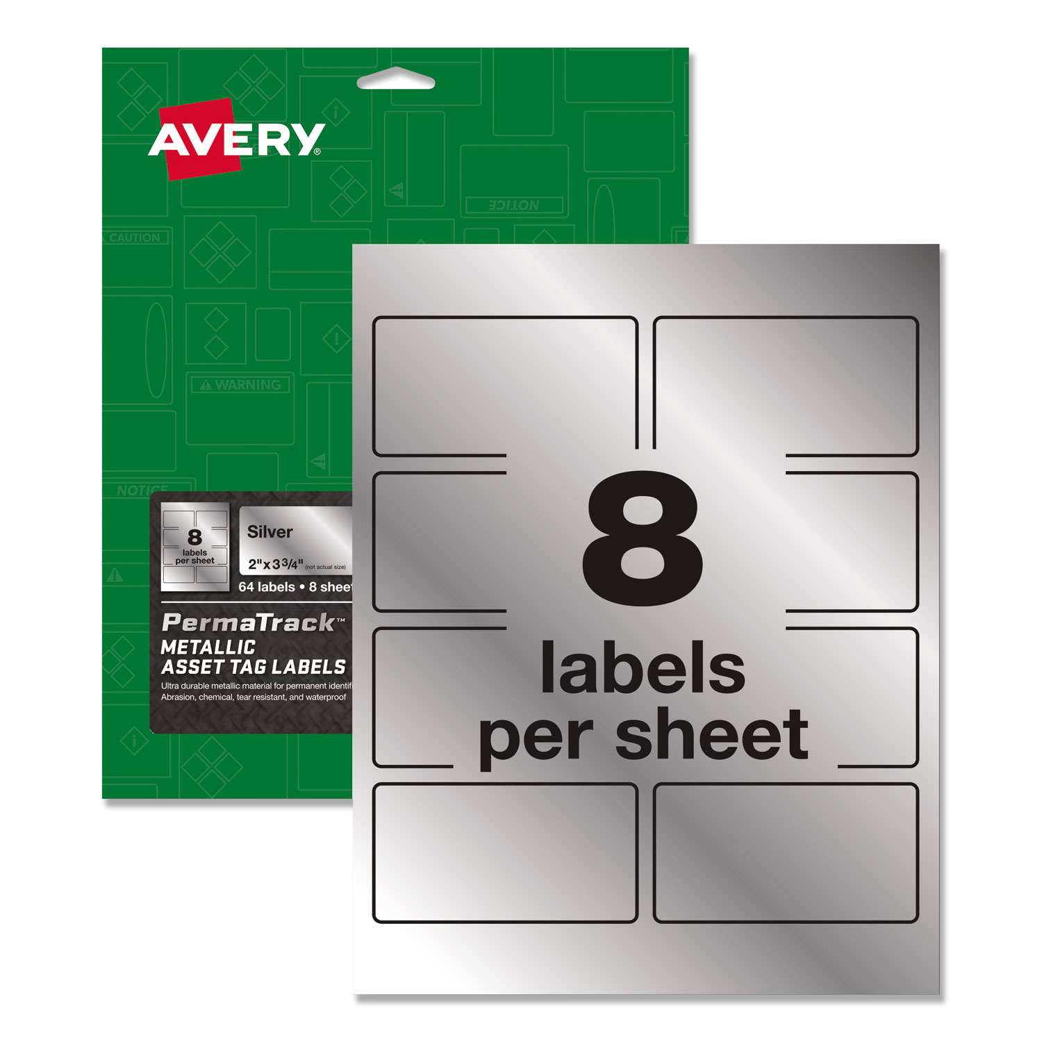  Avery 61520 PermaTrack Metallic Asset Tag Labels, Laser Printers, 2 x 3.75, Silver, 8/Sheet, 8 Sheets/Pack (AVE61520) 