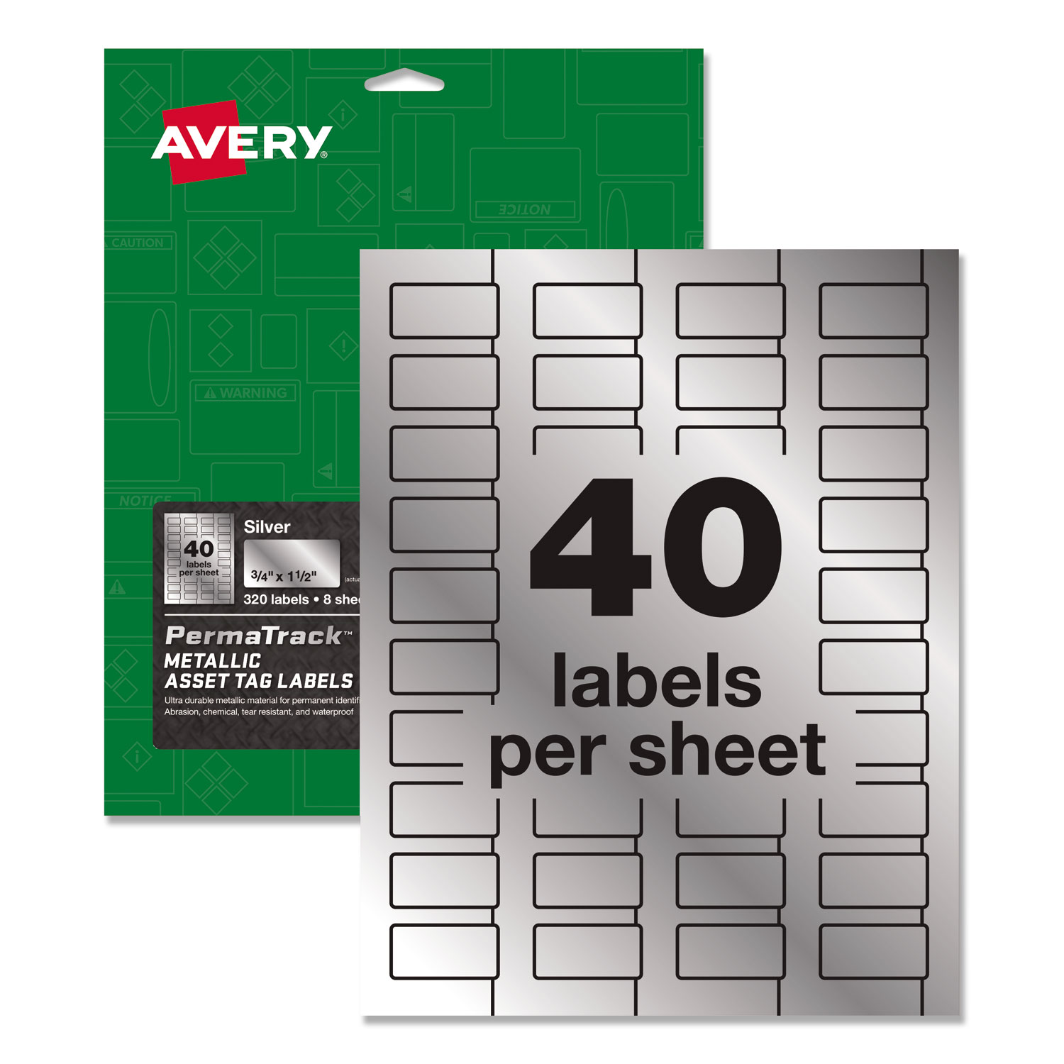  Avery 61523 PermaTrack Metallic Asset Tag Labels, Laser Printers, 0.75 x 1.5, Metallic Silver, 40/Sheet, 8 Sheets/Pack (AVE61523) 