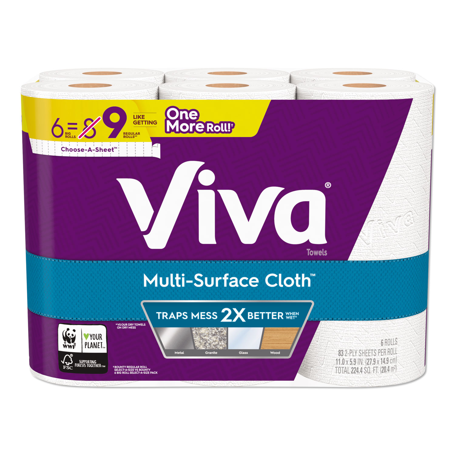  Viva 46708 Multi-Surface Cloth Choose-A-Sheet Paper Towels 1-Ply, 11 x 5.9, White, 83 Sheets/Roll, 6 Rolls/Pack, 4 Packs/Carton (KCC49413) 