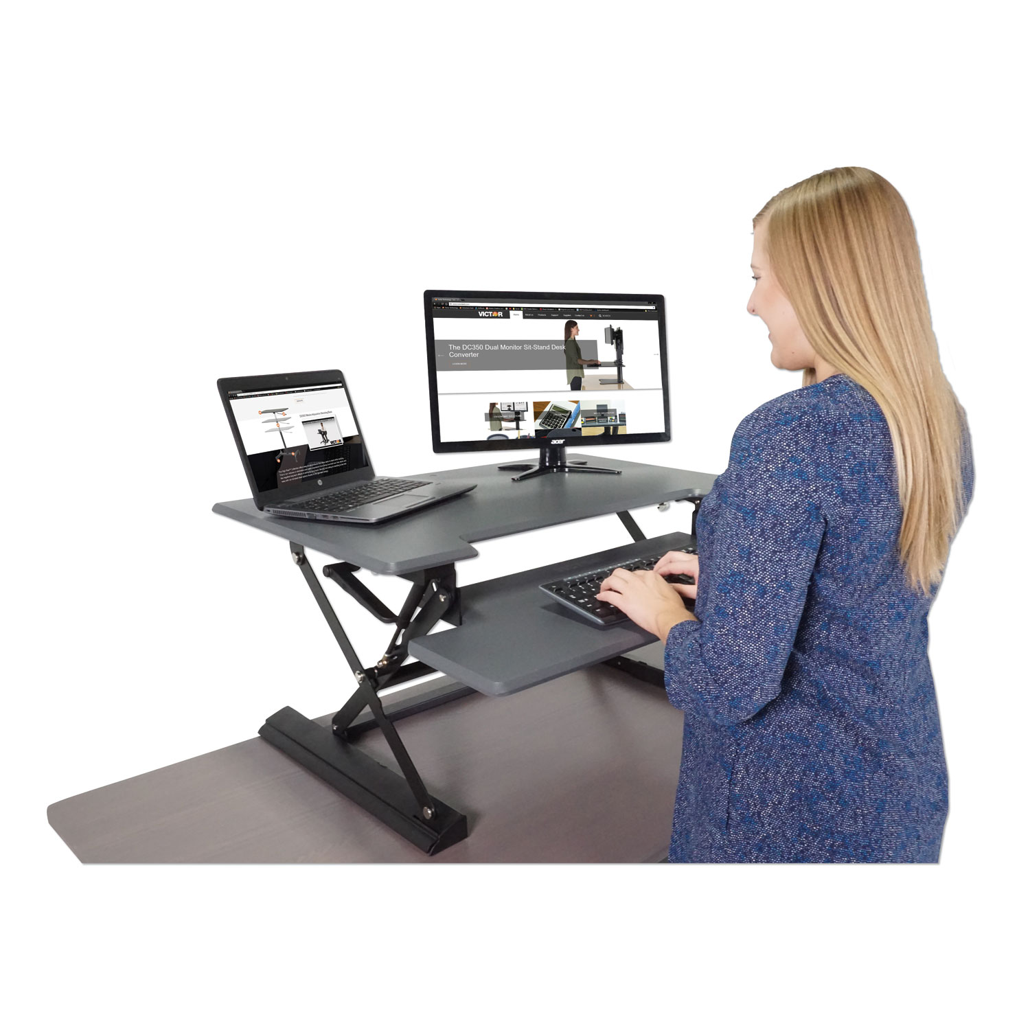  Victor DCX760G High Rise Height Adjustable Standing Desk with Keyboard Tray, 36w x 31.25d x 21h, Gray/Black (VCTDCX760) 