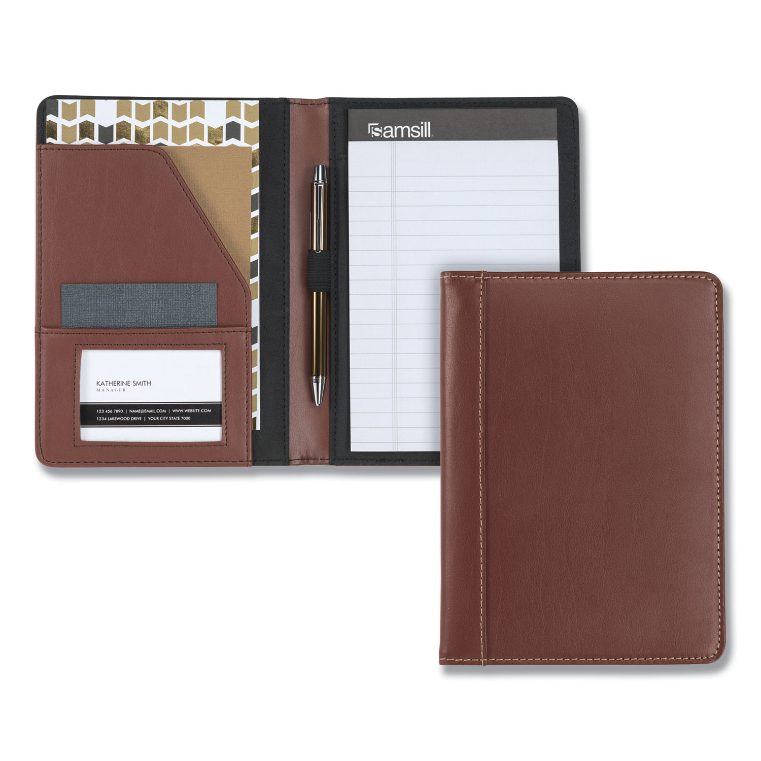 Contrast Stitch Leather Padfolio, 6 1/4w x 8 3/4h, Open Style, Brown