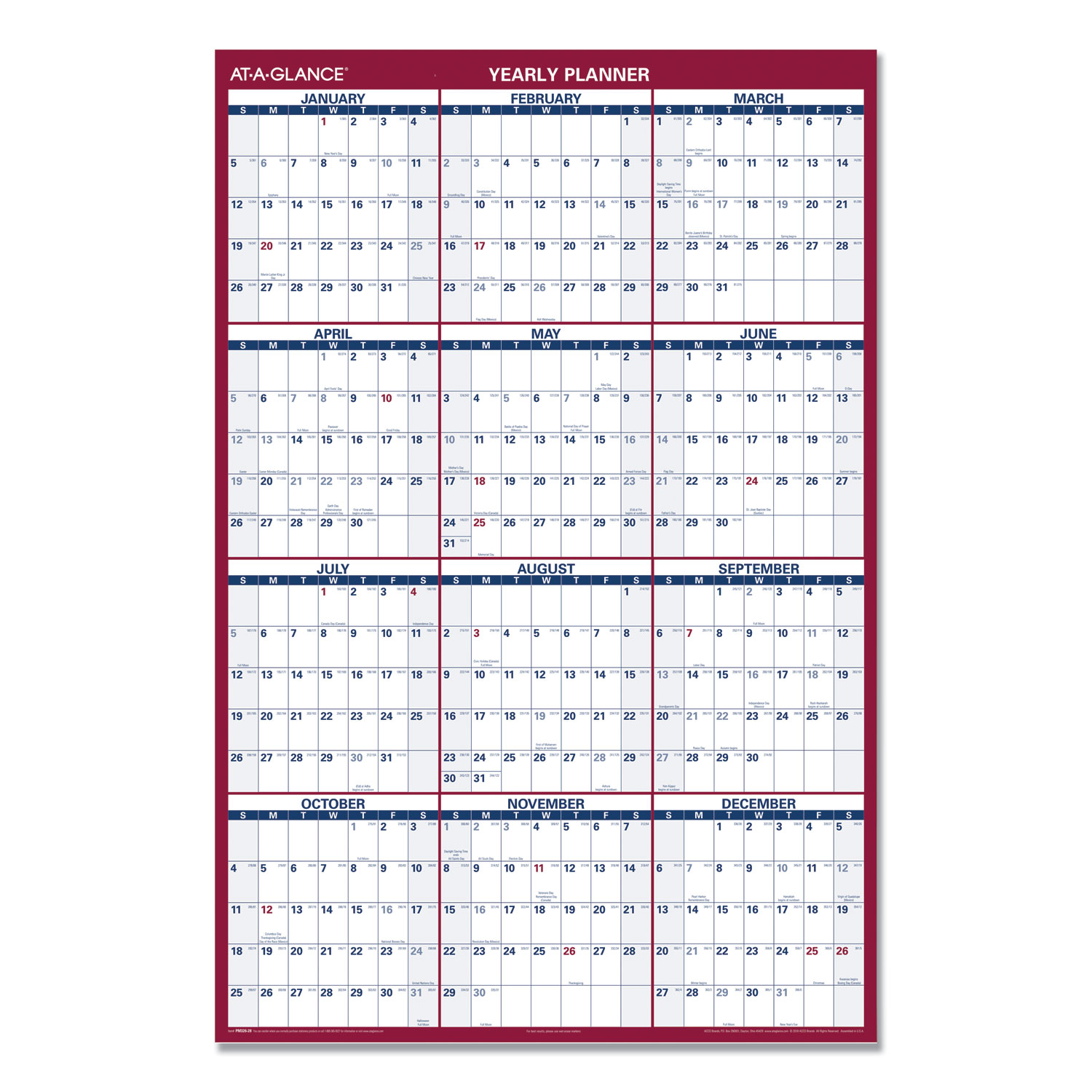 Erasable Vertical/Horizontal Wall Planner, 32 x 48, Blue/Red, 2020