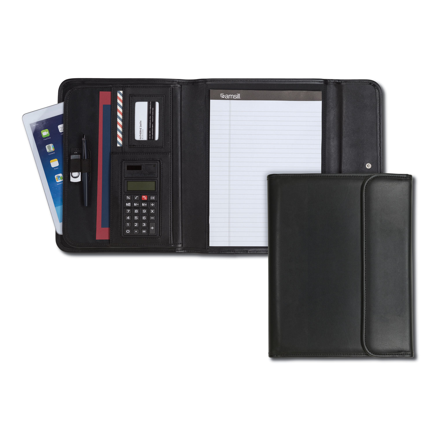  Samsill 70890 Professional Tri-Fold Padfolio w/Calculator, Writing Pad, Vinyl, Black (SAM70890) 