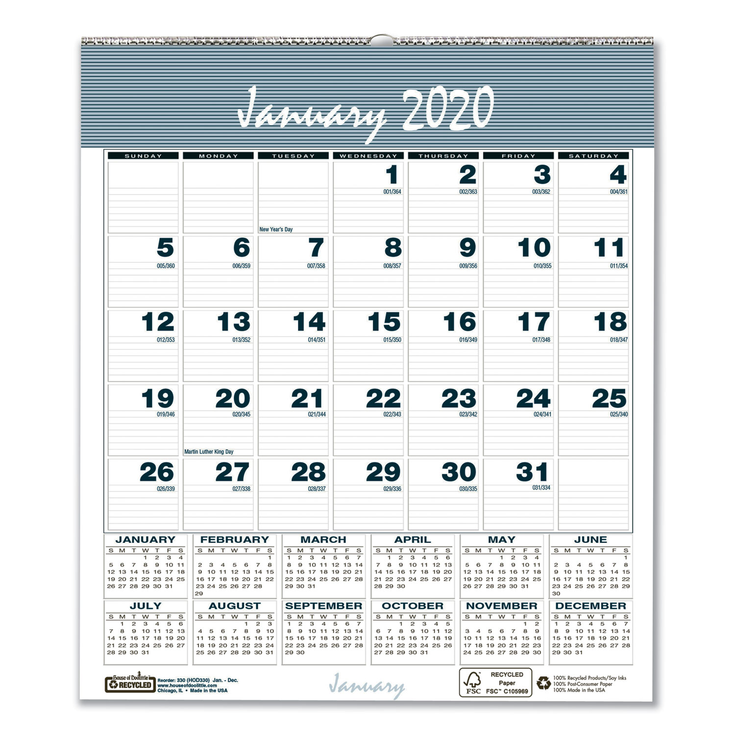Bar Harbor Wirebound Monthly Wall Calendar, 6 x 7, Blue, 2020