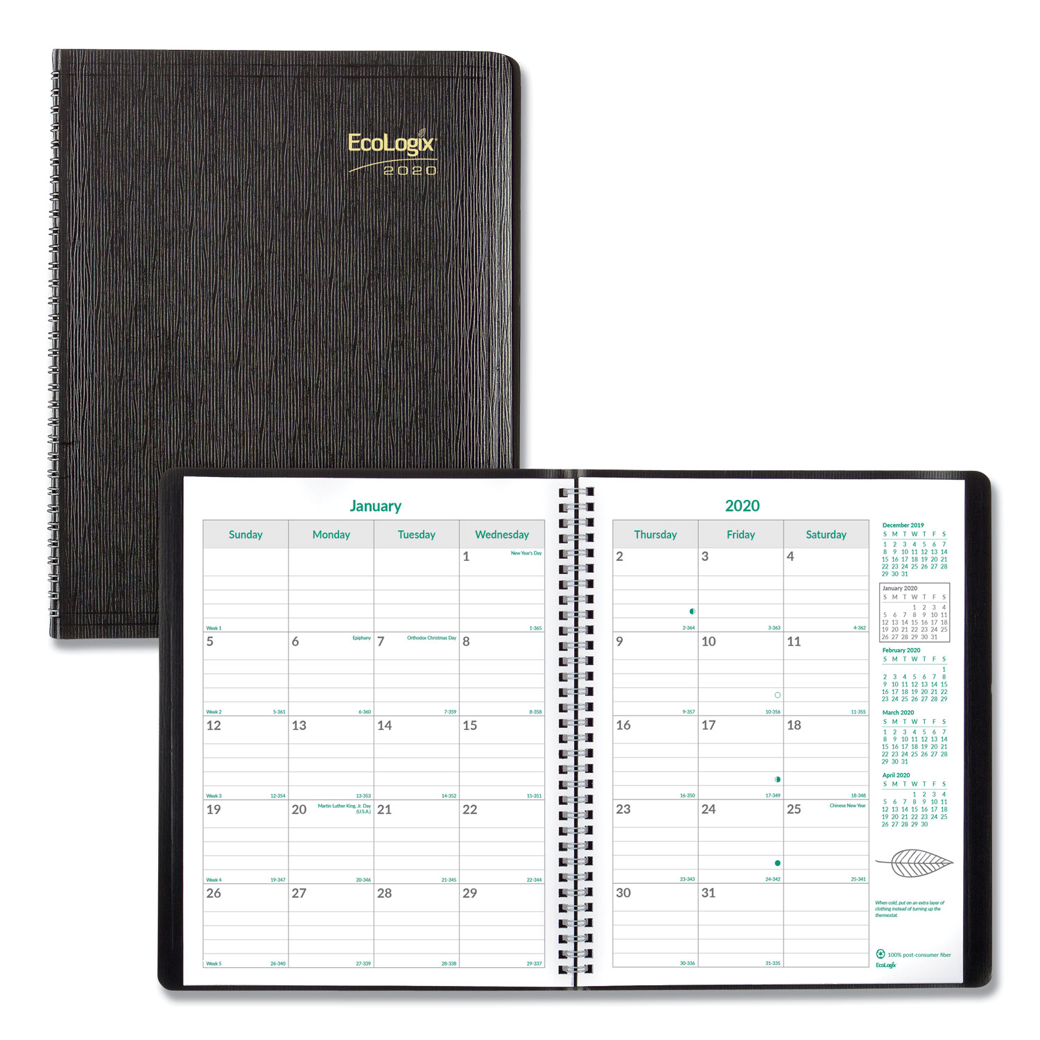  Brownline CB435W.BLK EcoLogix Recycled Monthly Planner, 11 x 8 1/2, Black Soft Cover, 2020 (REDCB435WBLK) 