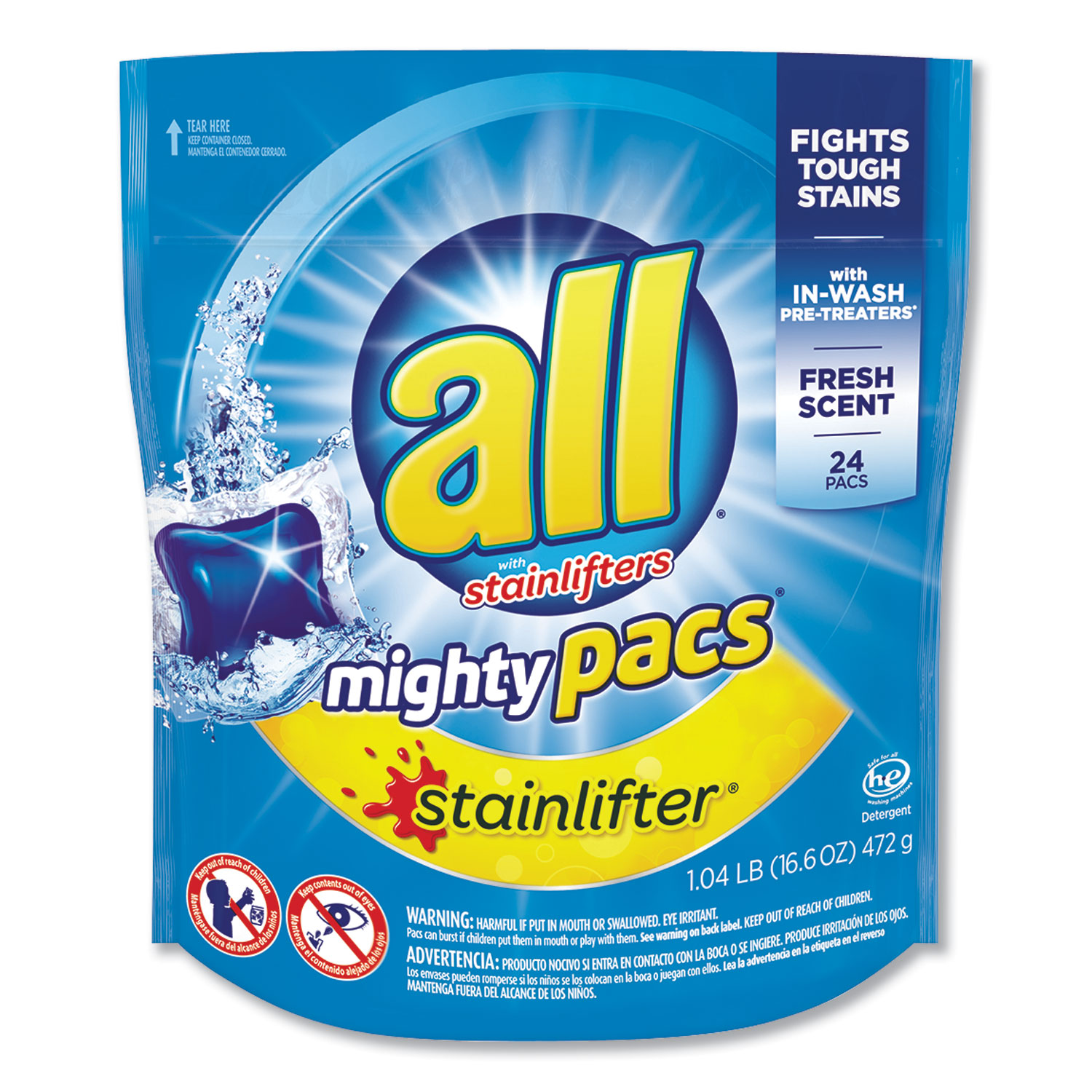  All 45851 Mighty Pacs Laundry Detergent, Stainlifter, Fresh Scent, 24/Pack, 6 Packs/Carton (DIA45851) 