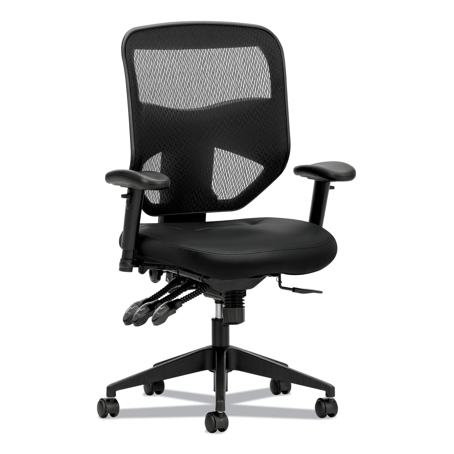 HON® Prominent Mesh High-Back Task Chair, Leather, Supports up to 250 lbs., Black Seat, Black Back, Black Base