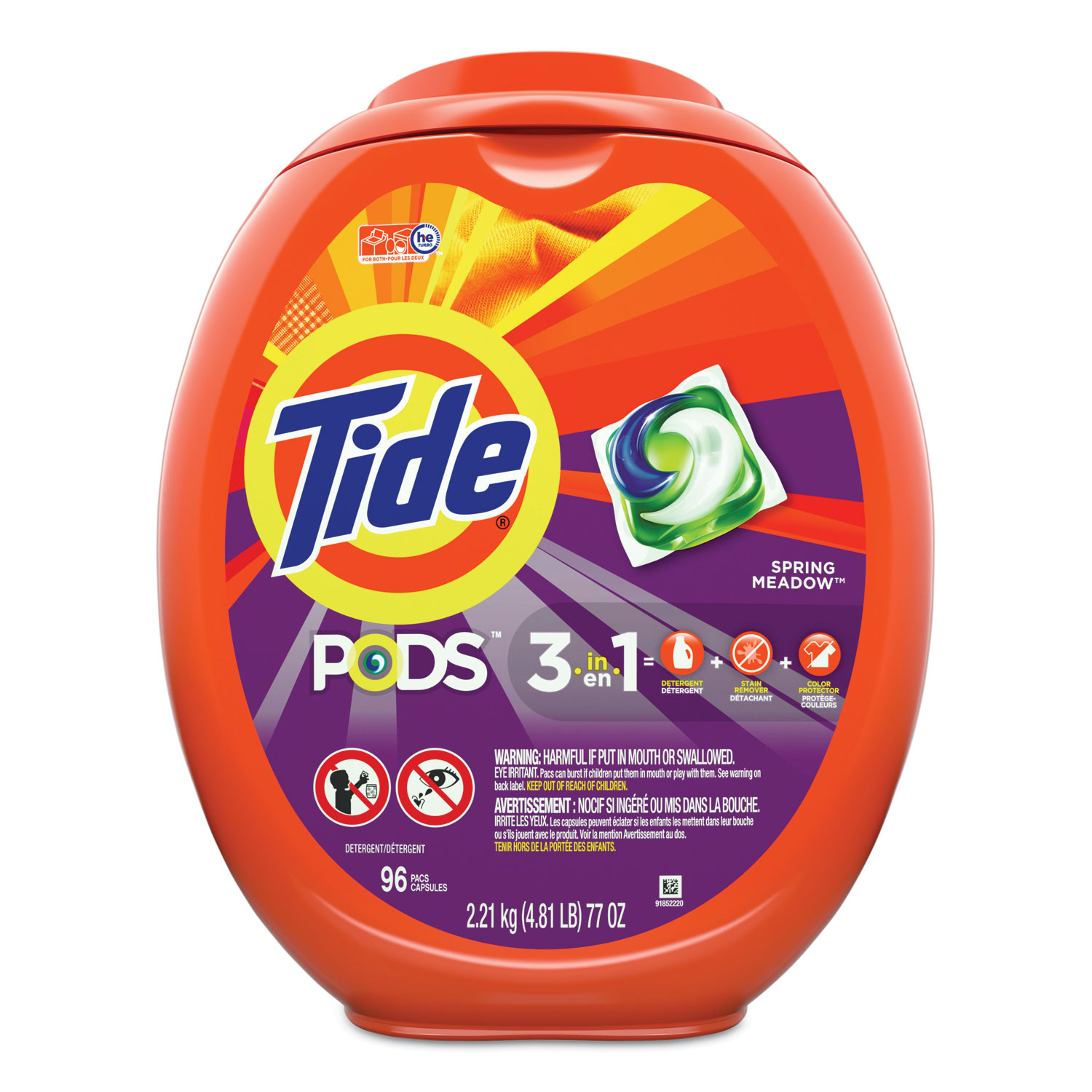 Detergent Pods, Spring Meadow, 96/Tub