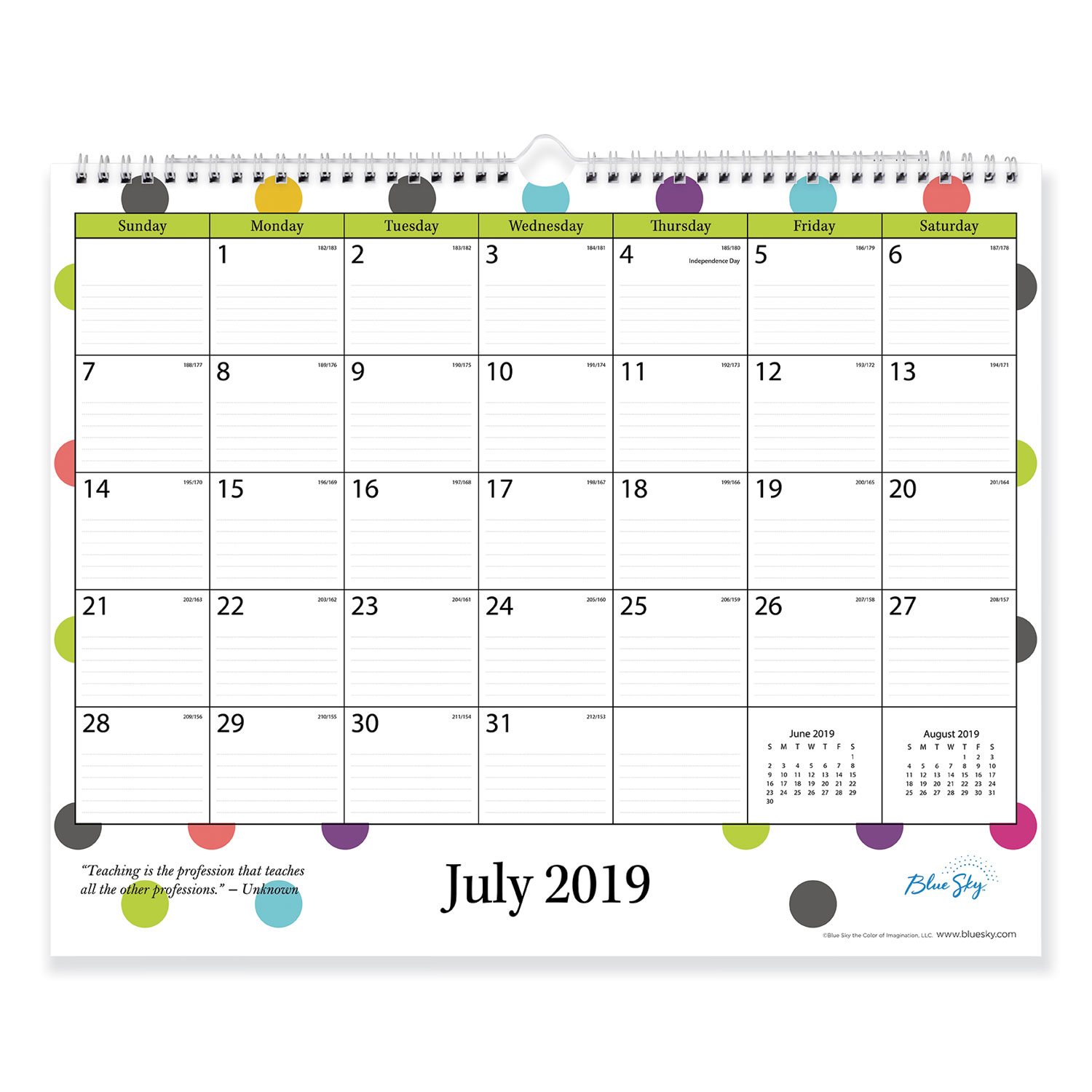 Teacher Dots Academic Year Wall Calendar, 15 x 12, Asst Color Dots, 2019-2020
