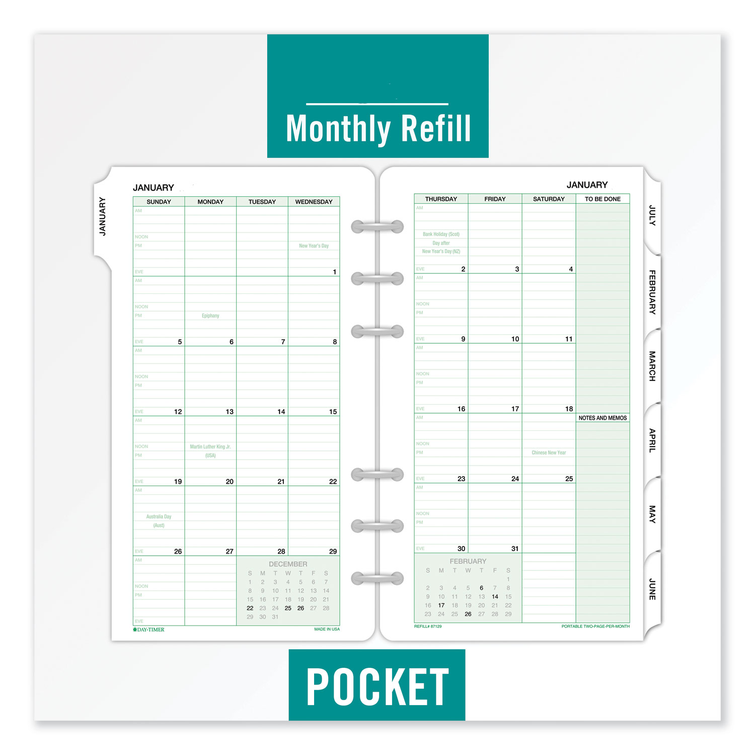 Monthly Classic Refill, 6 3/4 x 3 3/4, White/Green, 2019