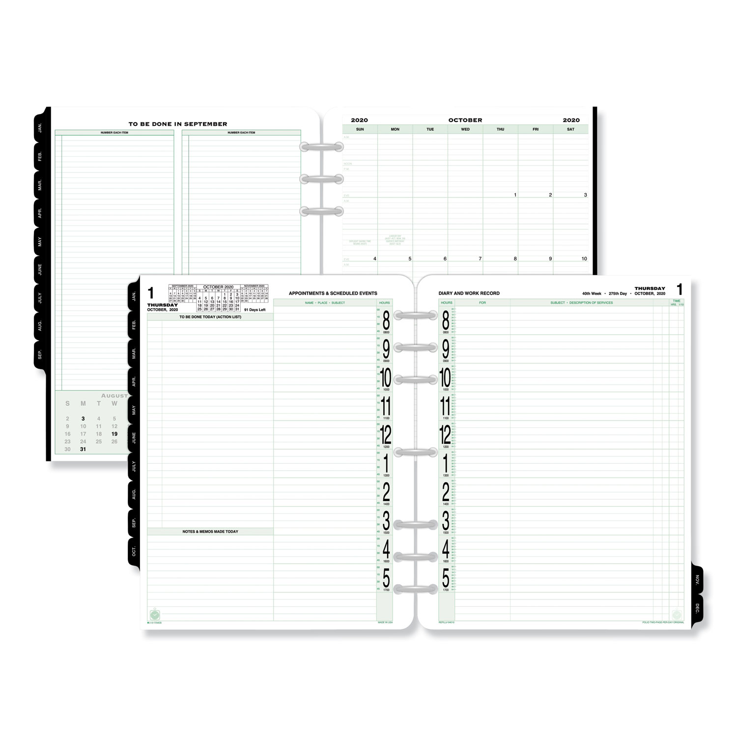  Day-Timer 94010 Original Two-Page-Per-Day Refill, 11 x 8 1/2, White/Green, 2020 (DTM94010) 
