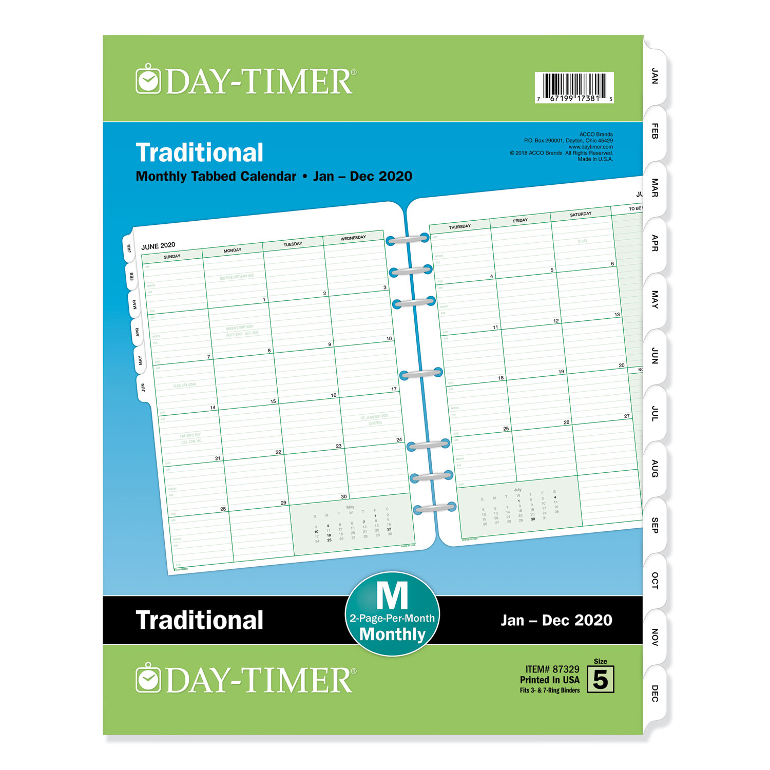  Day-Timer 87329 Monthly Classic Refill, 11 x 8 1/2, White/Green, 2020 (DTM87329) 