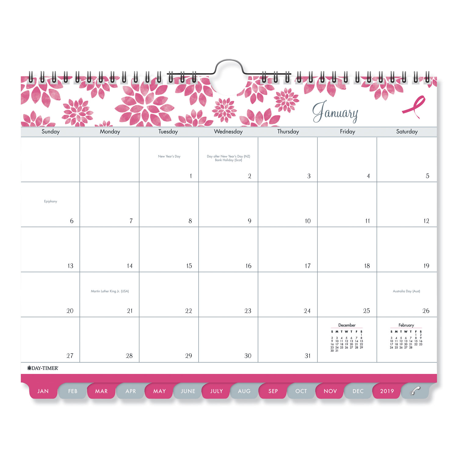  Day-Timer 11259 Pink Ribbon Tabbed Wall Calendar, 11 x 8 1/2, 2020 (DTM11259) 