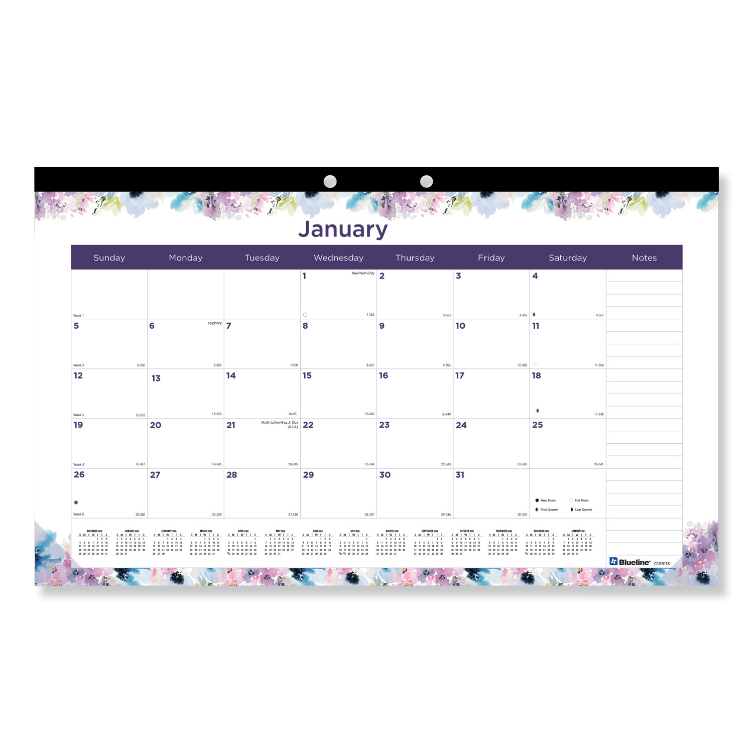  Blueline C195113 Passion Monthly Deskpad Calendar, Chipboard Back, Floral Design, 17 3/4 x 10 7/8, 2020 (REDC195113) 