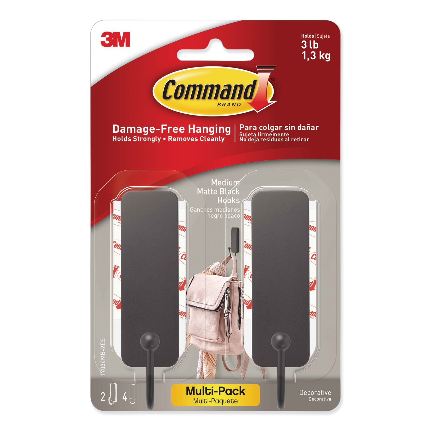  Command 17034MB-2ES Decorative Hooks, Medium, Matte Black, 2 Hook and 4 Strips/Pack (MMM17034MB2ES) 