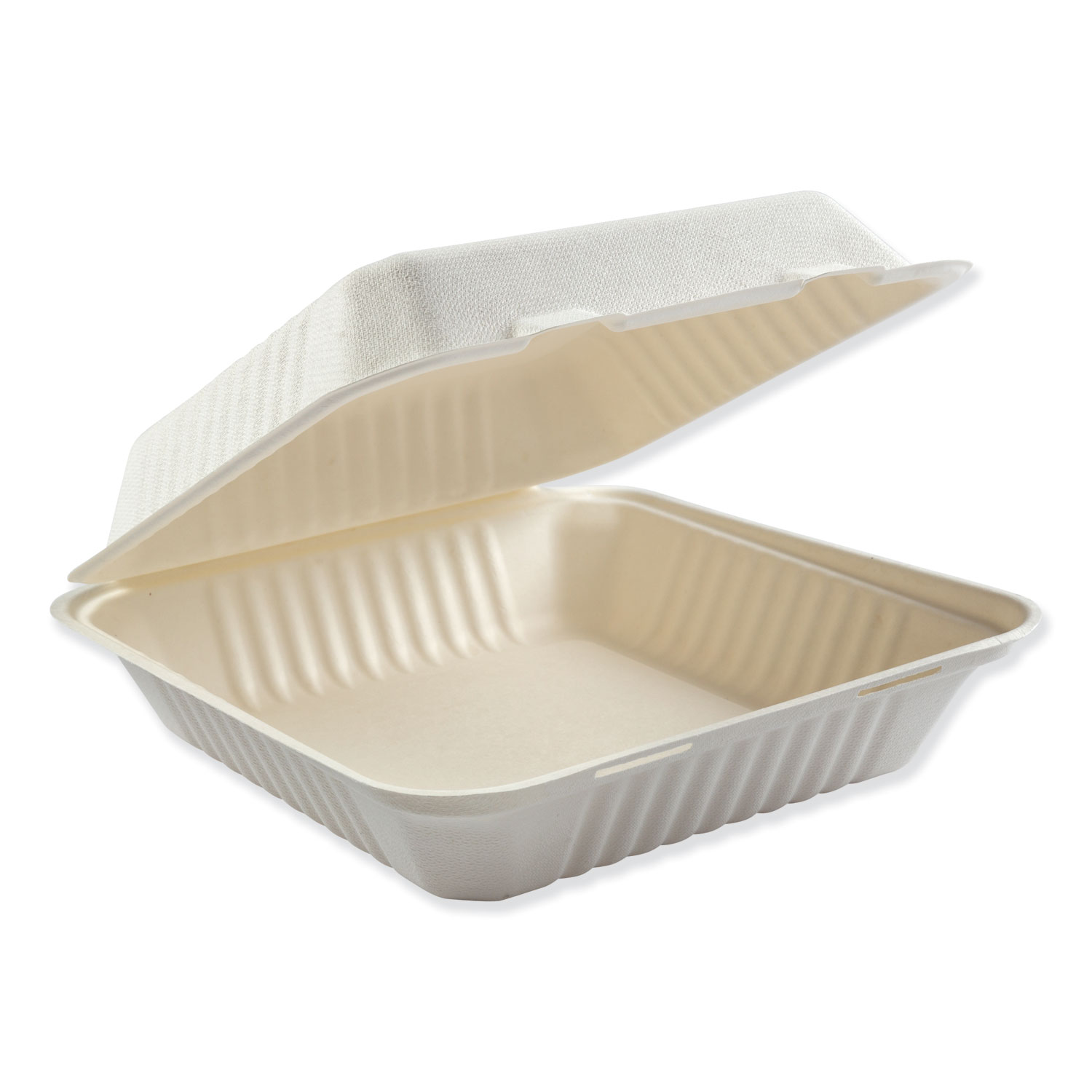  Boardwalk BWKHINGEWF1CM9 Bagasse Molded Fiber Food Containers, Hinged-Lid, 1-Compartment 9 x 9, White, 100/Sleeve, 2 Sleeves/Carton (BWKHINGEWF1CM9) 