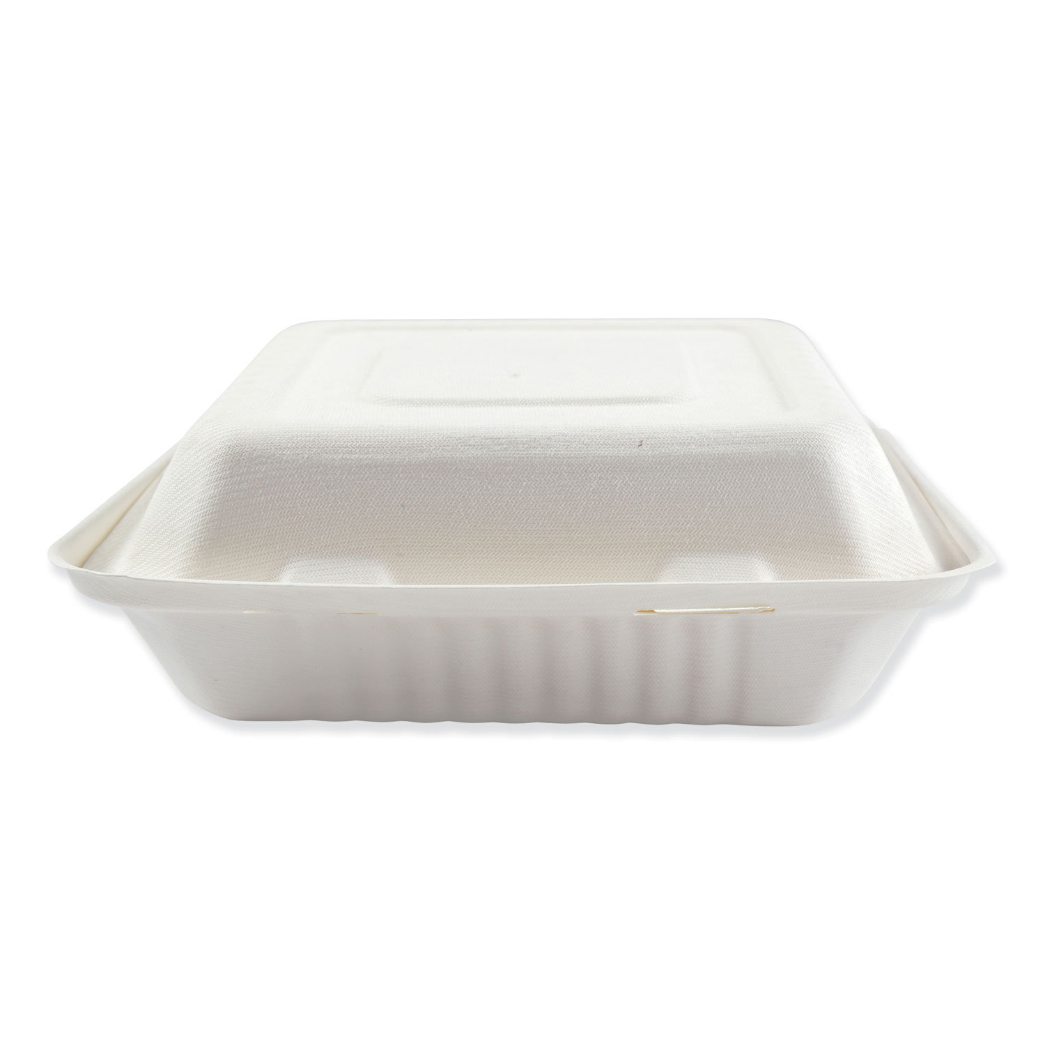  Boardwalk BWKHINGEWF3CM9 Bagasse Molded Fiber Food Containers, Hinged-Lid, 3-Compartment 9 x 9, White, 100/Sleeve, 2 Sleeves/Carton (BWKHINGEWF3CM9) 