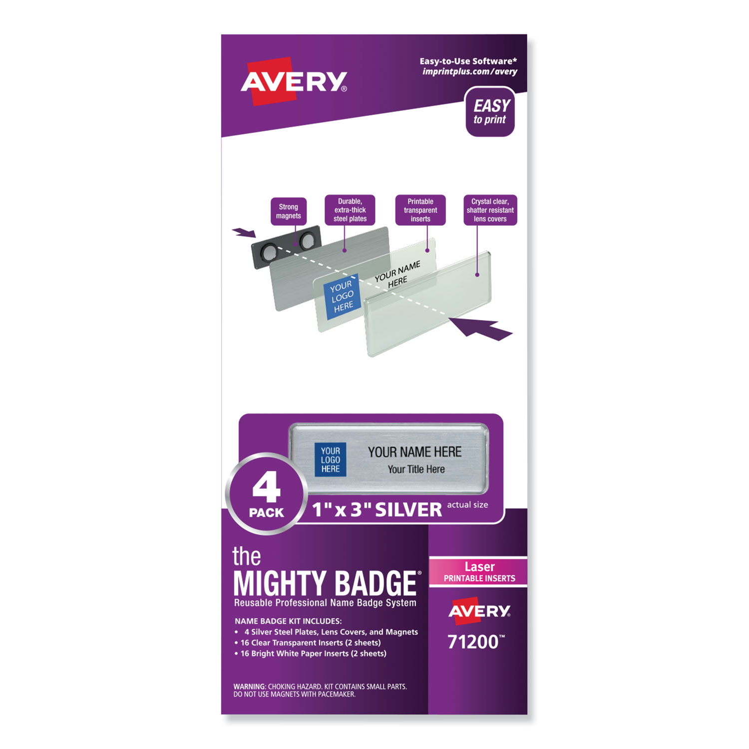  Avery 71200 The Mighty Badge Name Badge Holder Kit, Horizontal, 3 x 1, Laser, Silver, 4 Holders/32 Inserts (AVE71200) 