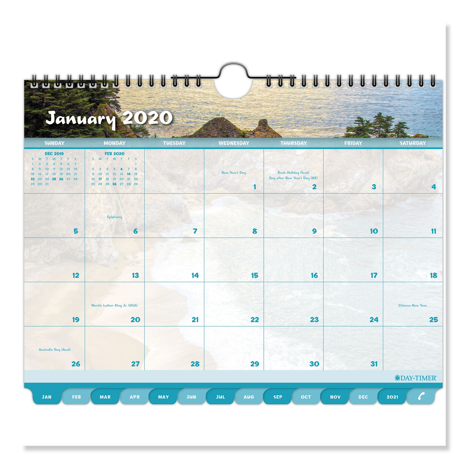  Day-Timer 11352 Coastlines Tabbed 12-Month Wirebound Wall Calendar, 11 x 8 1/2, 2019 (DTM11352) 