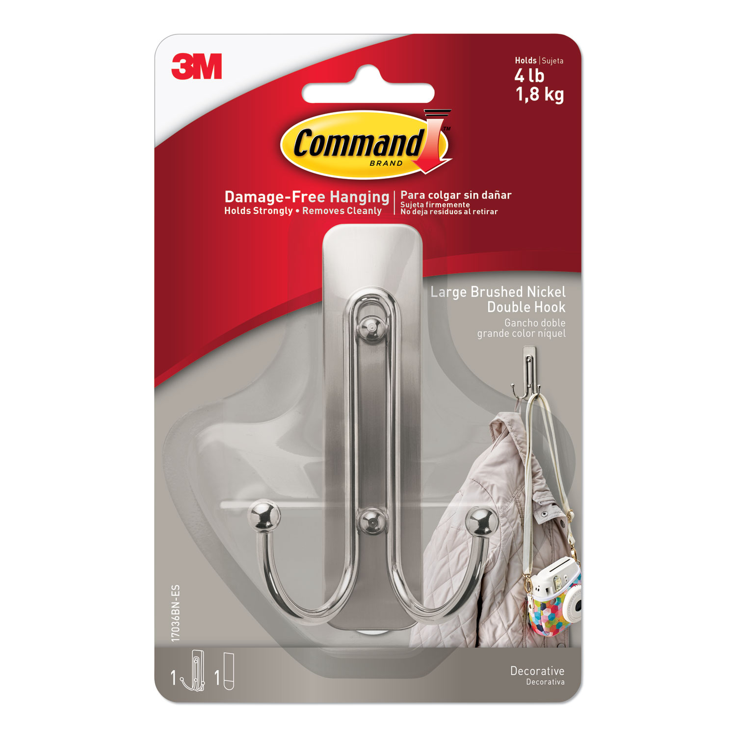 Command™ Adhesive Mount Metal Hook, Large, Double Hook, Brushed Nickel Finish, 1 Hook and 2 Strips/Pack